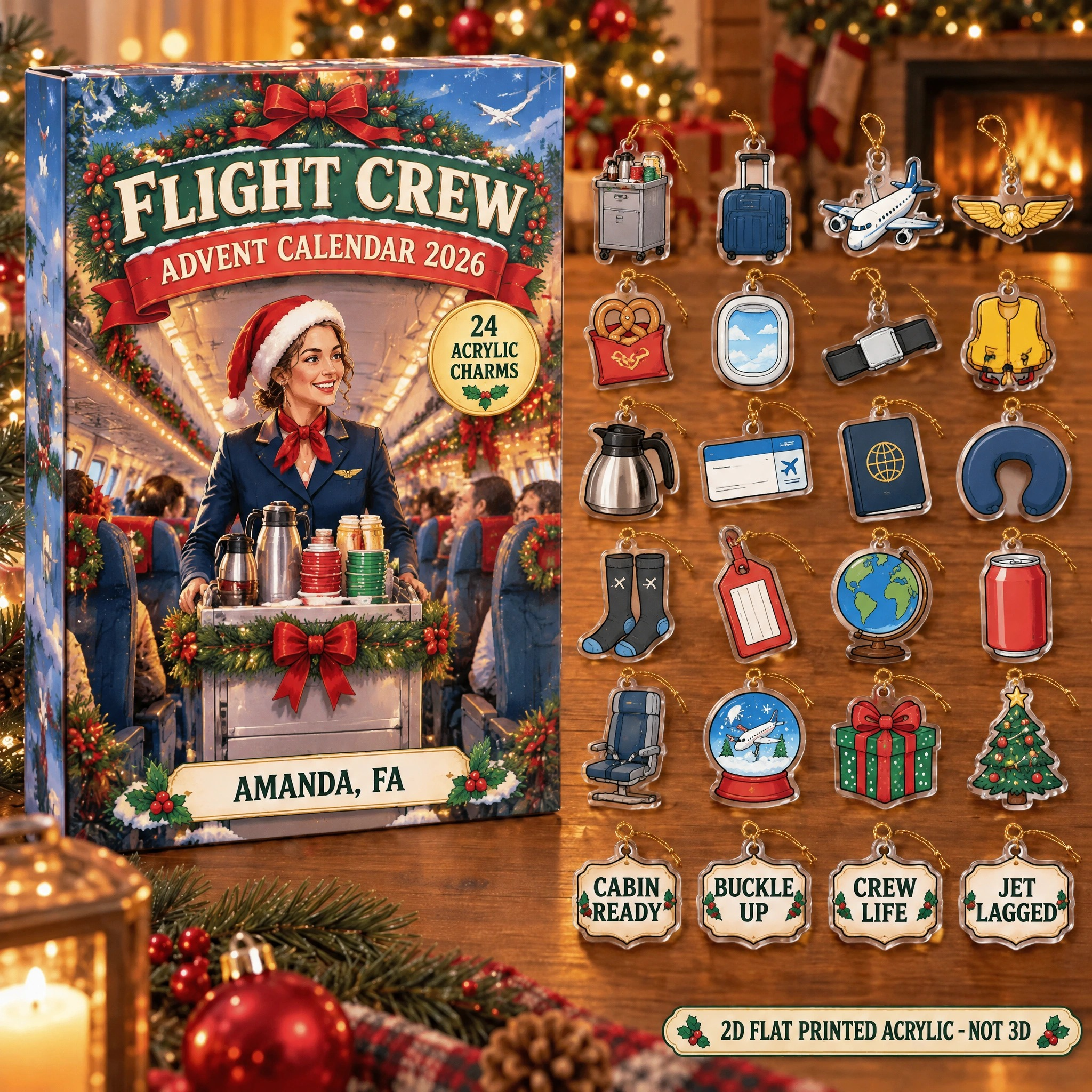 Personalized Flight Attendant Essentials advent calendar box with 24 flat acrylic Christmas charms