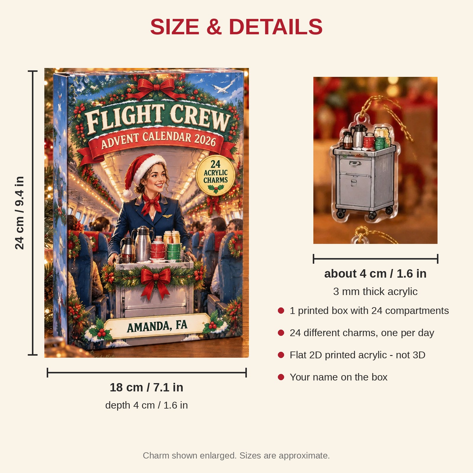 Personalized Flight Attendant Essentials advent calendar box with 24 flat acrylic Christmas charms: box and charm sizes