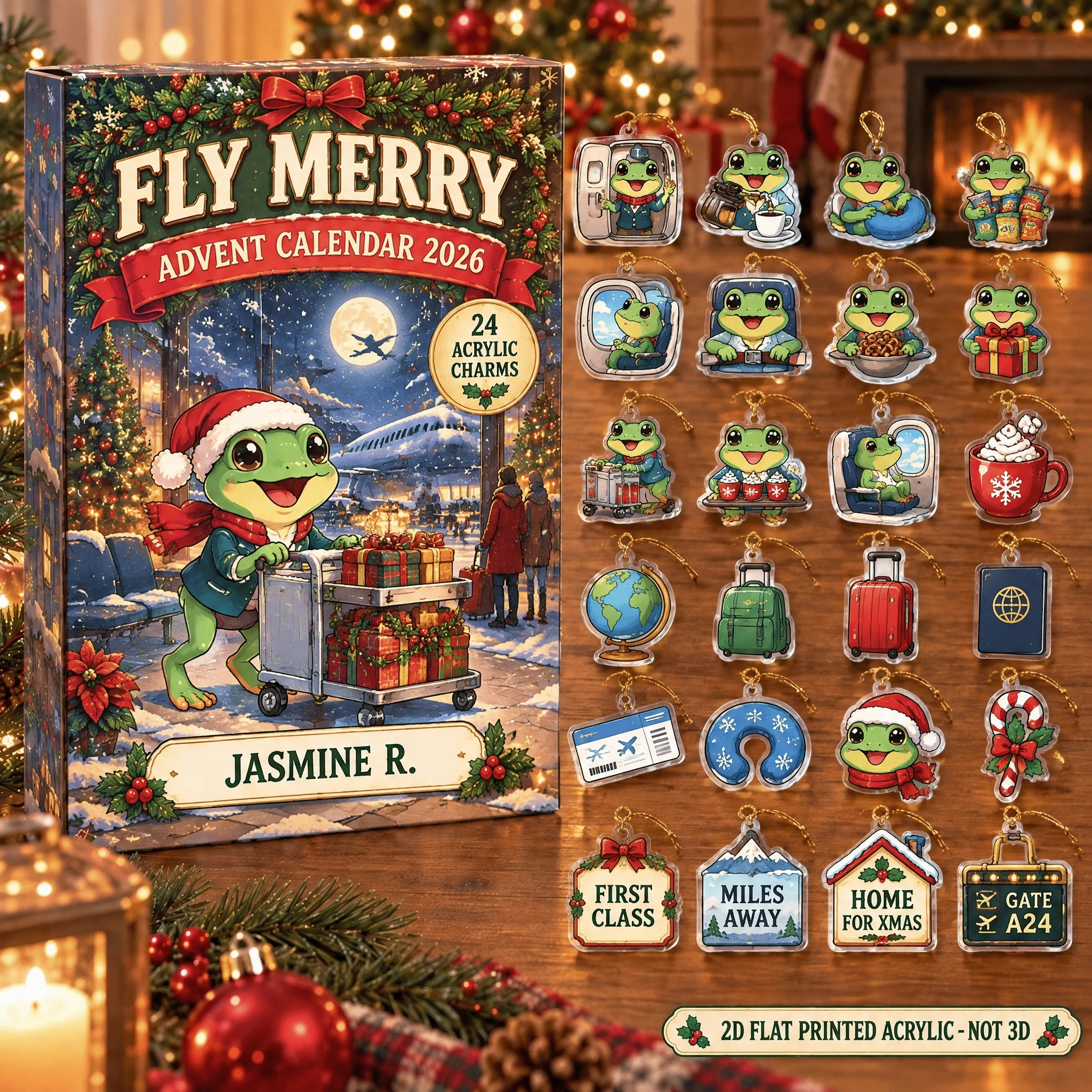 Personalized Flight Attendant Frog advent calendar box with 24 flat acrylic Christmas charms