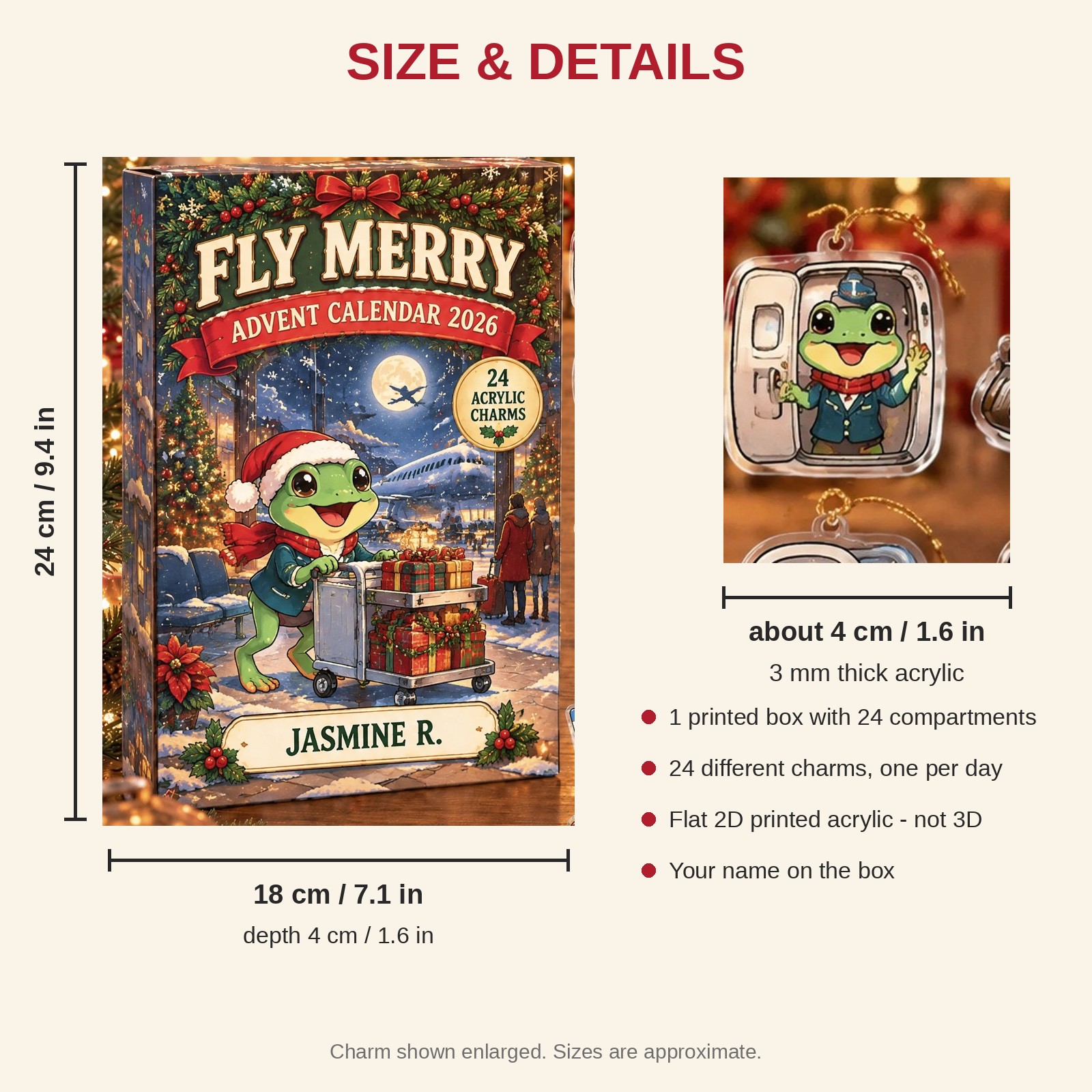 Personalized Flight Attendant Frog advent calendar box with 24 flat acrylic Christmas charms: box and charm sizes