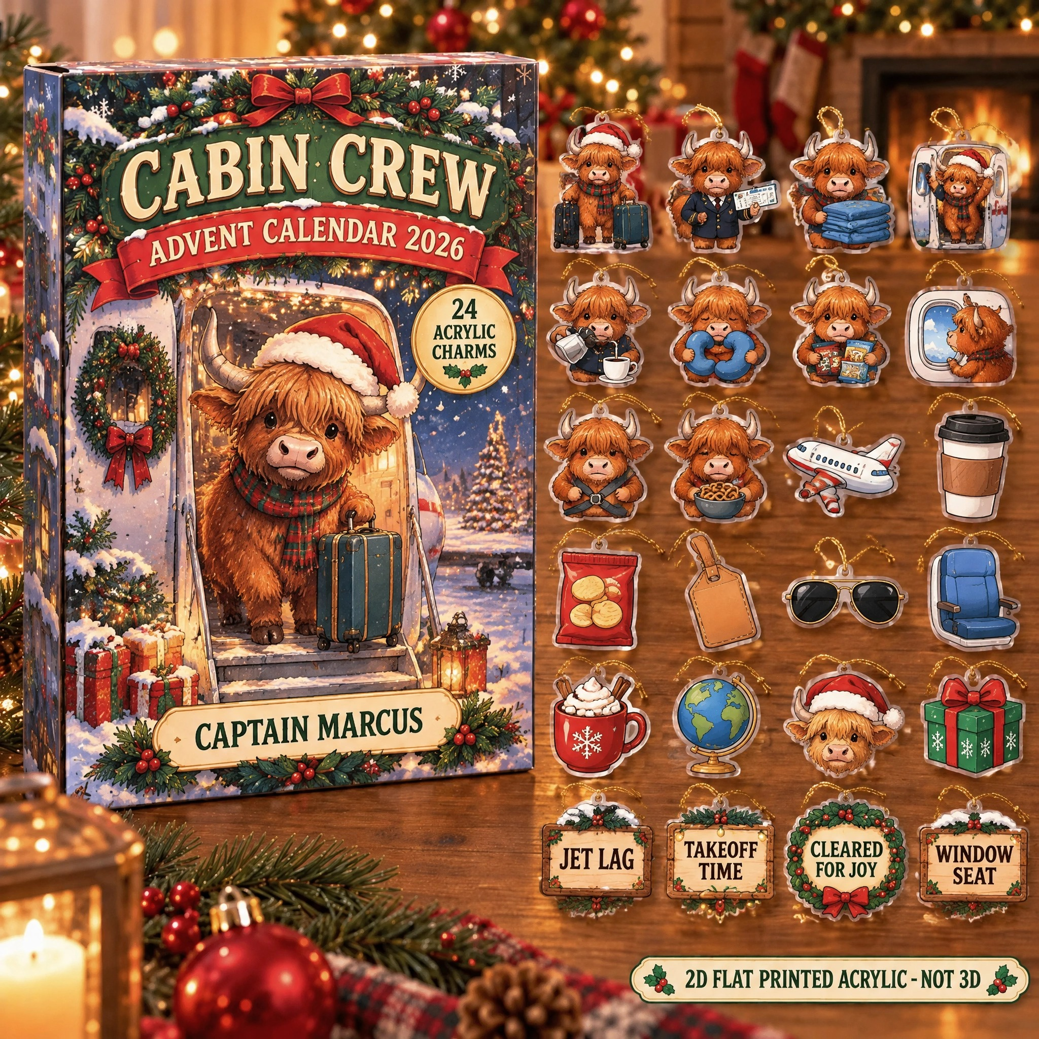 Personalized Flight Crew Highland Cow advent calendar box with 24 flat acrylic Christmas charms