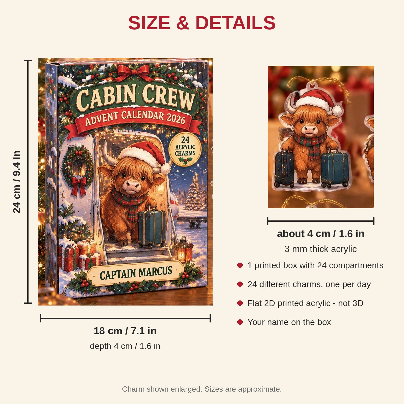 Personalized Flight Crew Highland Cow advent calendar box with 24 flat acrylic Christmas charms: box and charm sizes