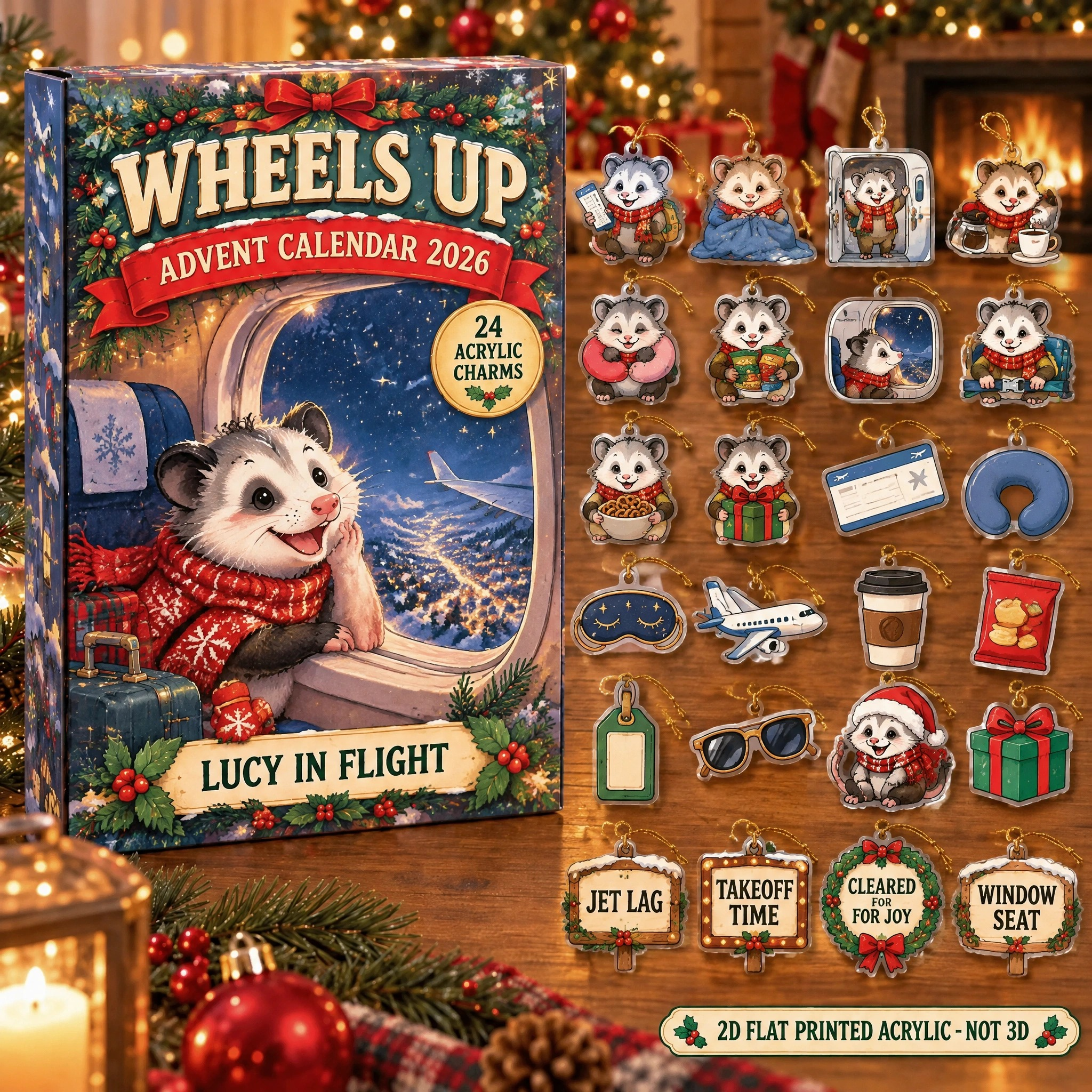 Personalized Flight Attendant Opossum advent calendar box with 24 flat acrylic Christmas charms