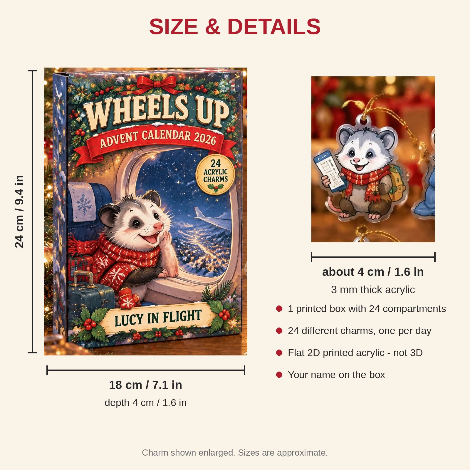 Personalized Flight Attendant Opossum advent calendar box with 24 flat acrylic Christmas charms: box and charm sizes