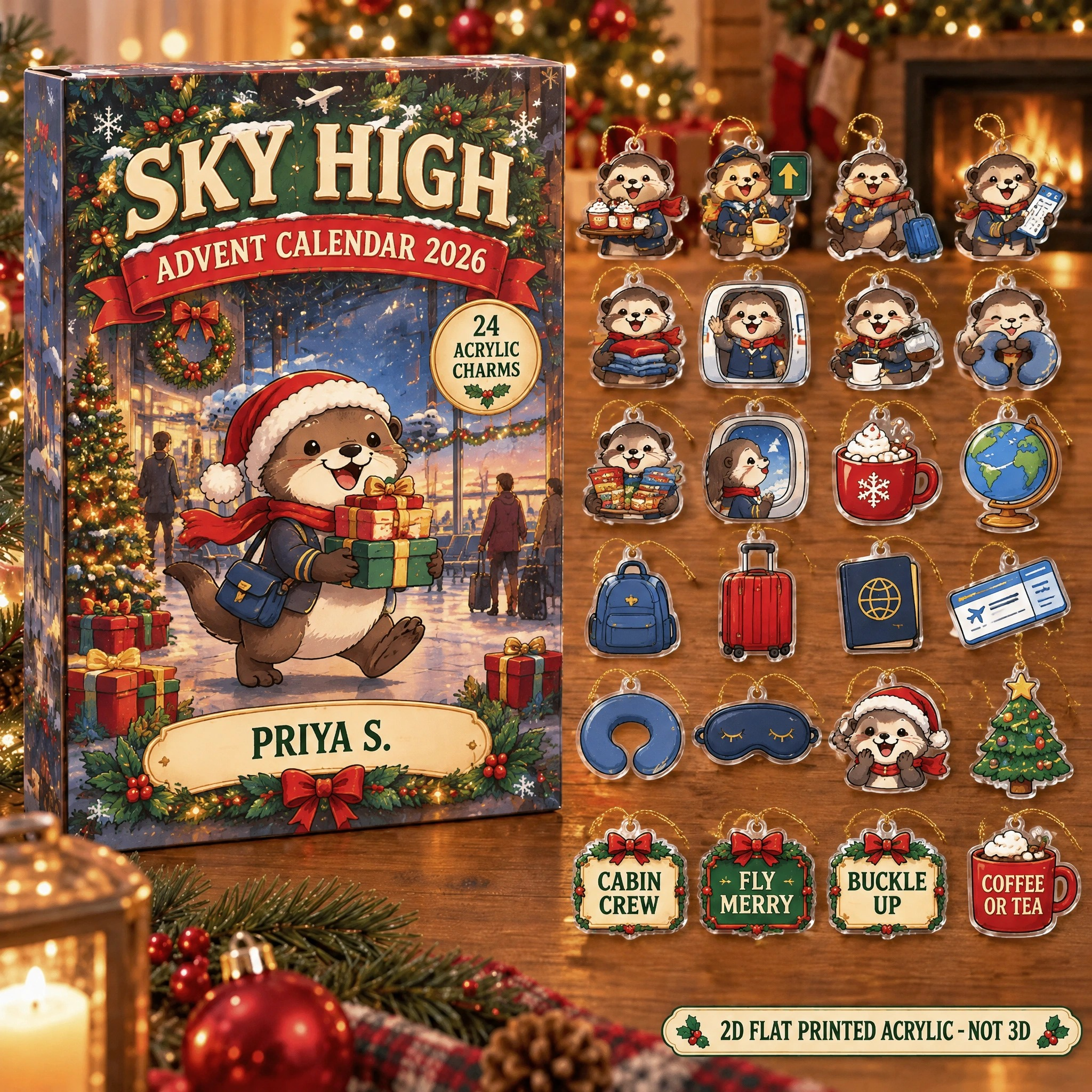 Personalized Flight Attendant Otter advent calendar box with 24 flat acrylic Christmas charms