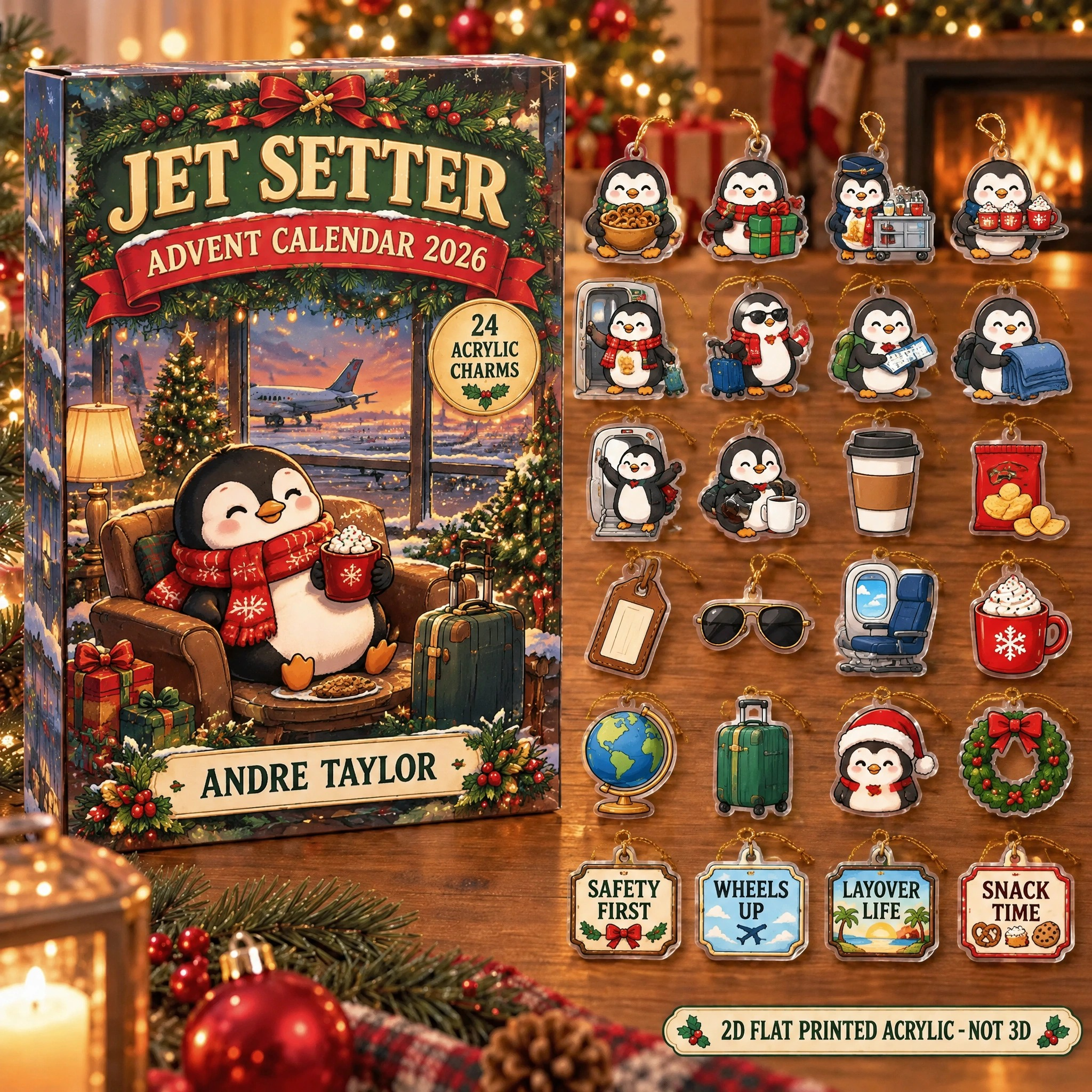 Personalized Flight Attendant Penguin advent calendar box with 24 flat acrylic Christmas charms