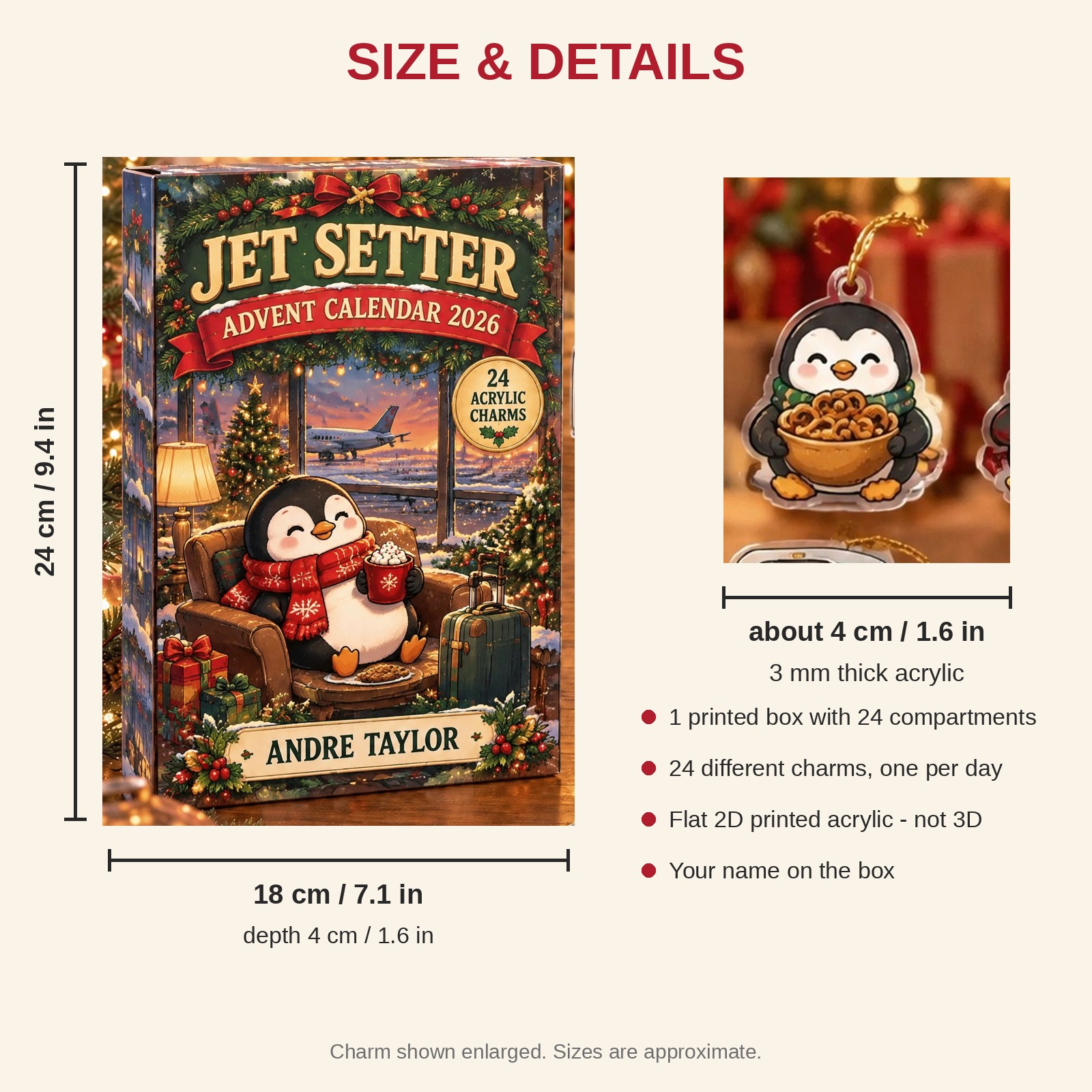Personalized Flight Attendant Penguin advent calendar box with 24 flat acrylic Christmas charms: box and charm sizes