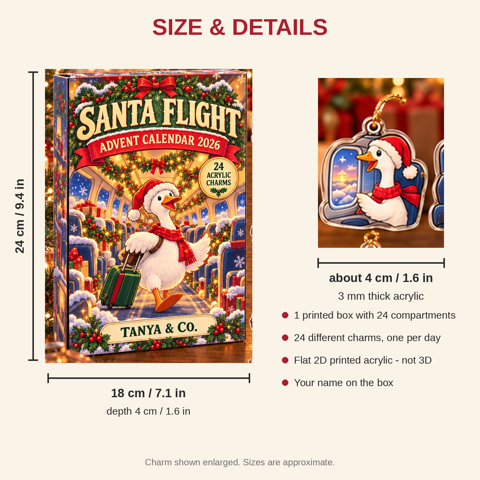 Personalized Flight Attendant Silly Goose advent calendar box with 24 flat acrylic Christmas charms: box and charm sizes