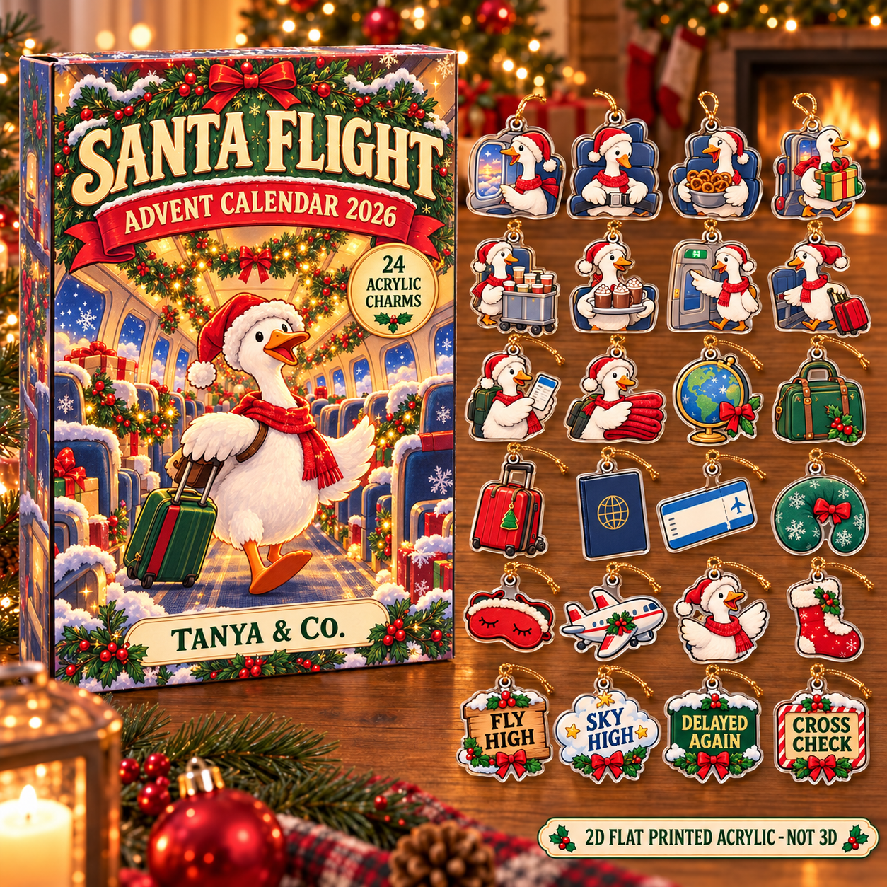 Personalized Flight Attendant Silly Goose advent calendar box with 24 flat acrylic Christmas charms