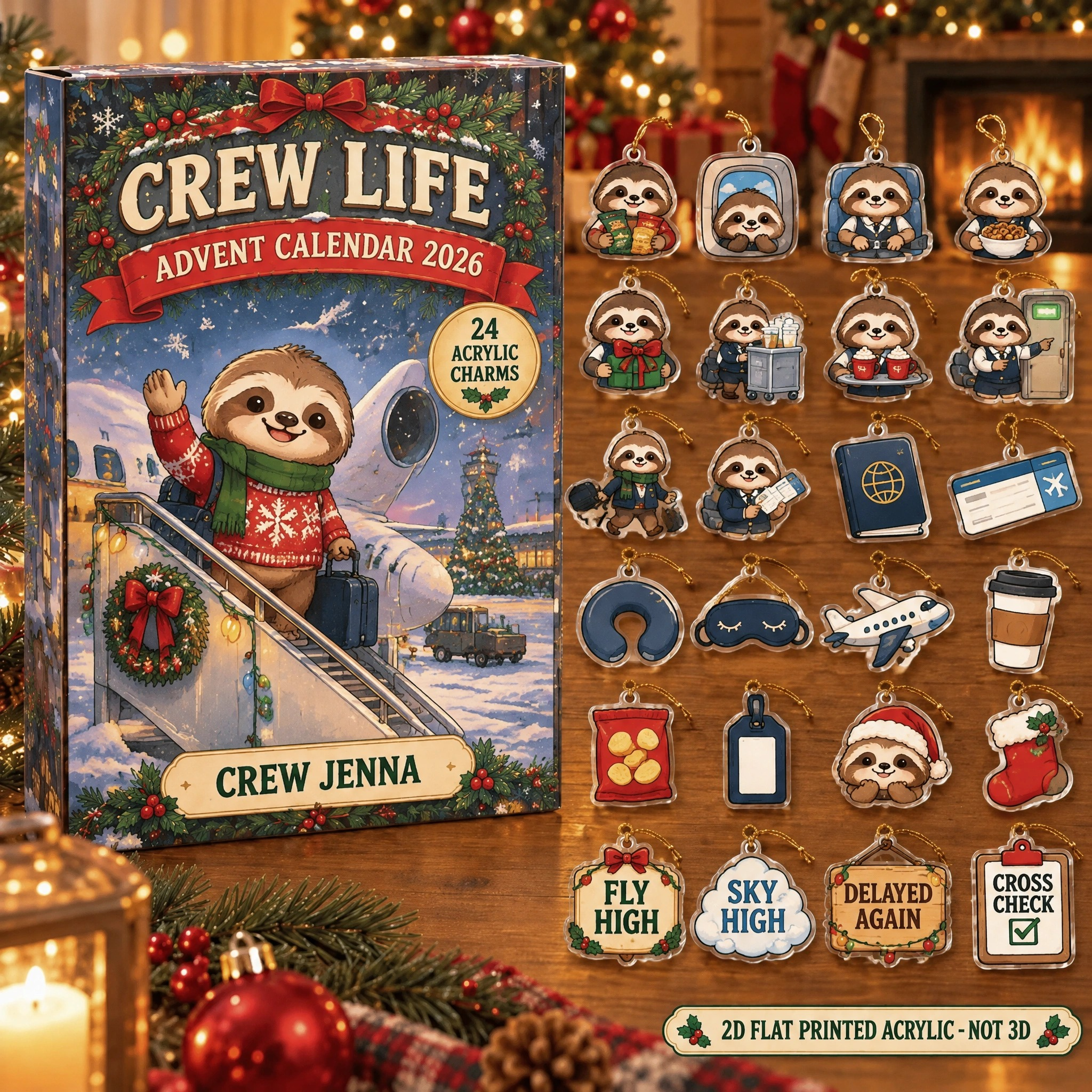 Personalized Flight Attendant Sloth advent calendar box with 24 flat acrylic Christmas charms