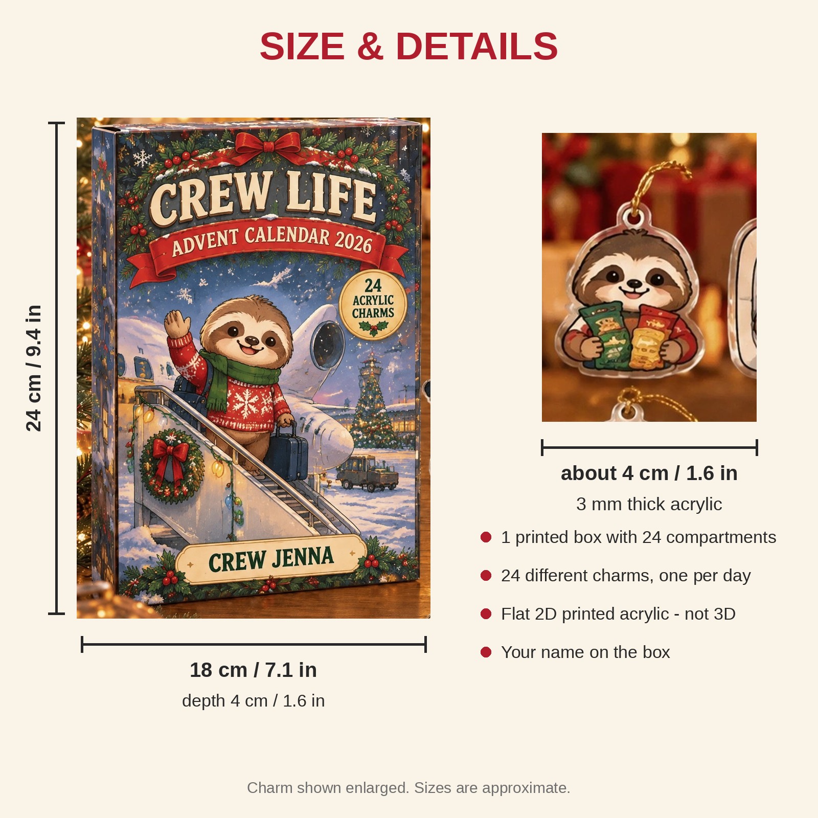 Personalized Flight Attendant Sloth advent calendar box with 24 flat acrylic Christmas charms: box and charm sizes