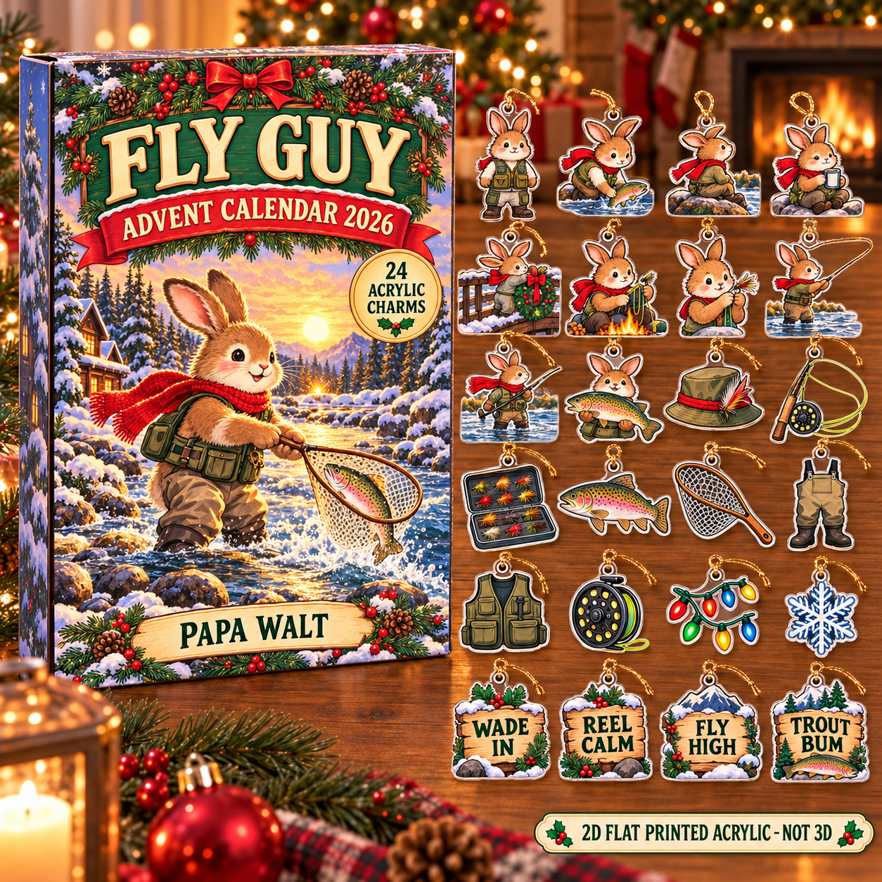 Personalized Fly Fishing Bunny advent calendar box with 24 flat acrylic Christmas charms