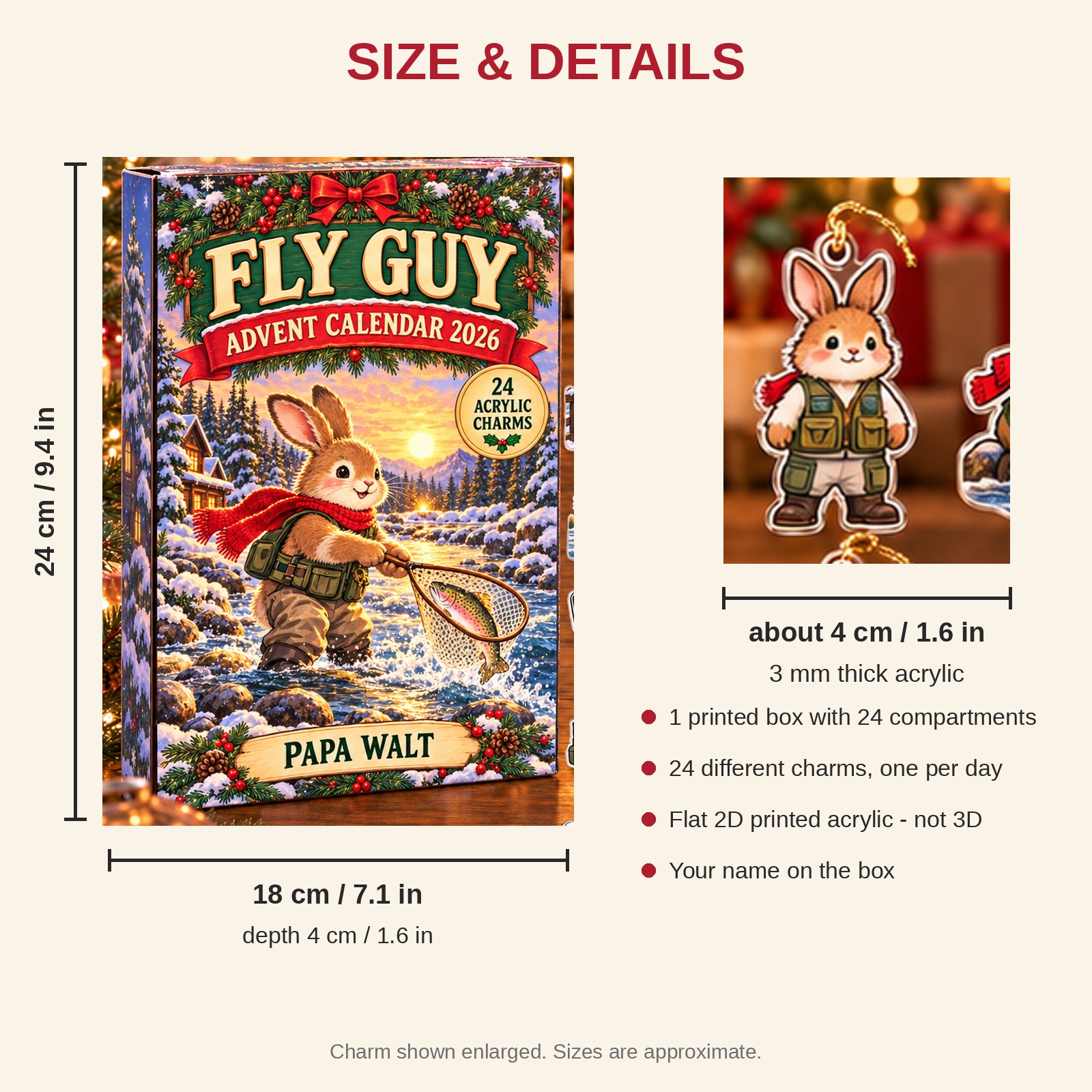 Personalized Fly Fishing Bunny advent calendar box with 24 flat acrylic Christmas charms: box and charm sizes