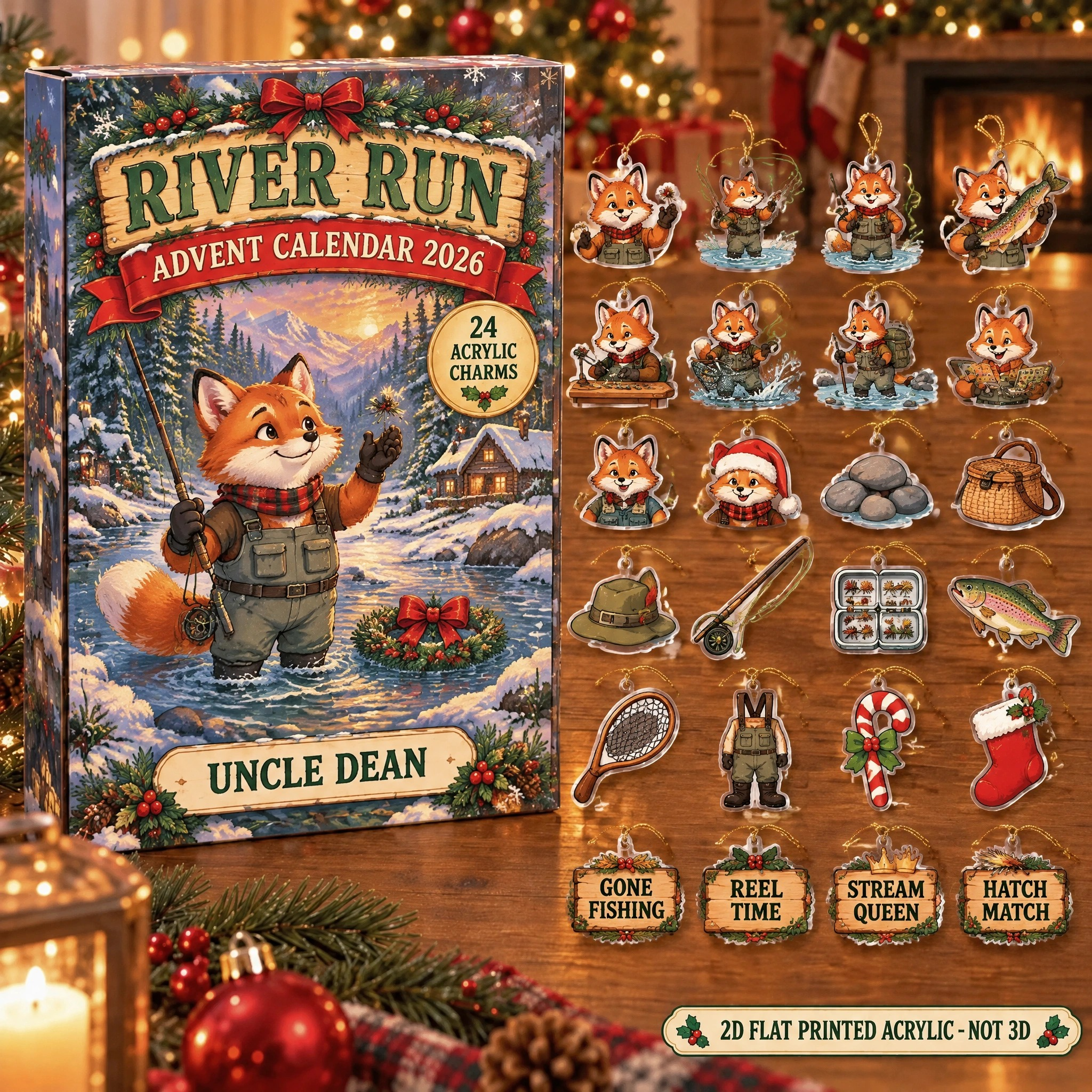 Personalized Fly Fishing Fox advent calendar box with 24 flat acrylic Christmas charms