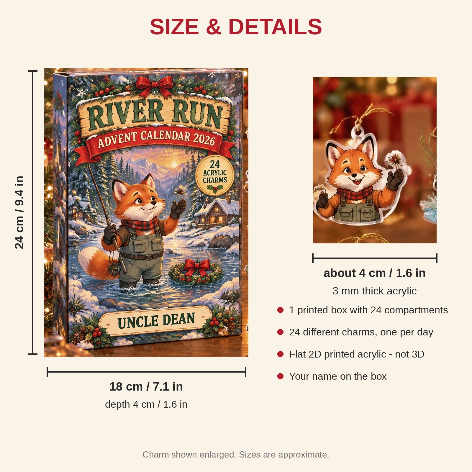 Personalized Fly Fishing Fox advent calendar box with 24 flat acrylic Christmas charms: box and charm sizes