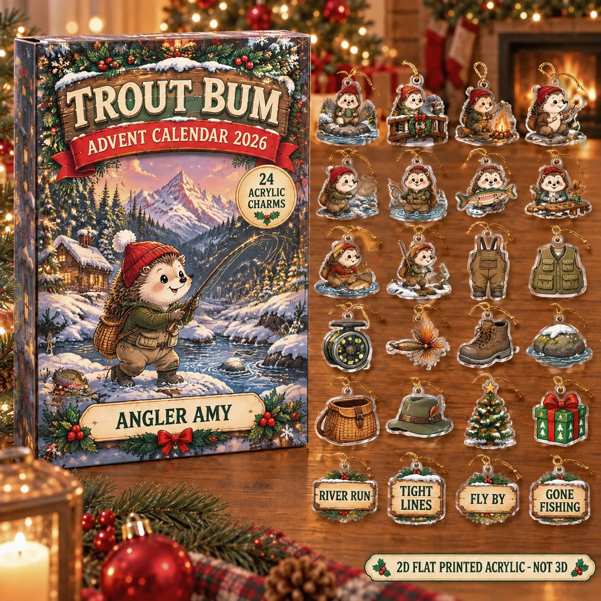 Personalized Fly Fishing Hedgehog advent calendar box with 24 flat acrylic Christmas charms