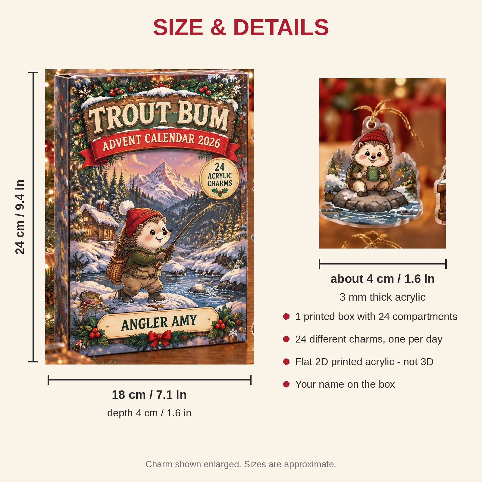 Personalized Fly Fishing Hedgehog advent calendar box with 24 flat acrylic Christmas charms: box and charm sizes