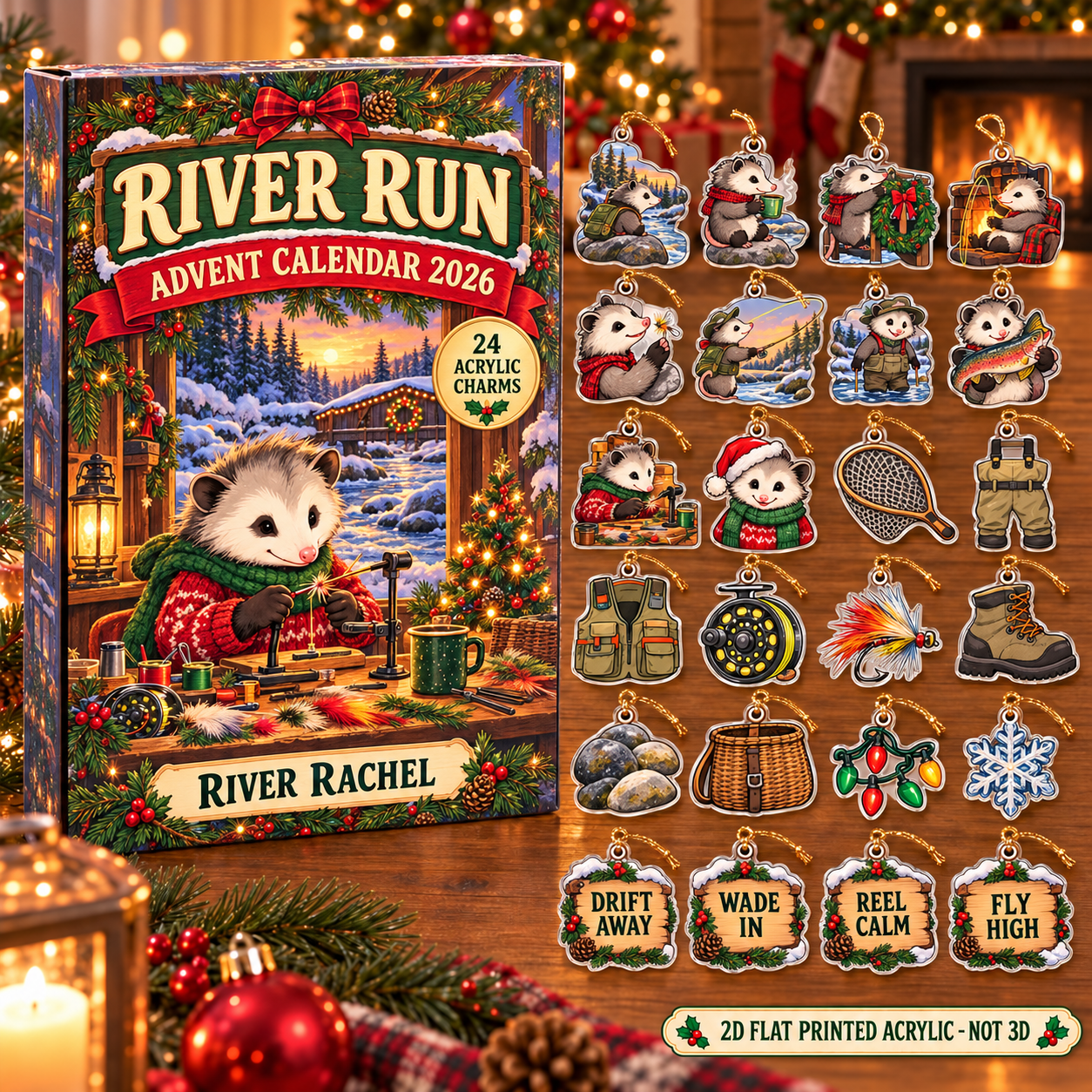 Personalized Fly Fishing Opossum advent calendar box with 24 flat acrylic Christmas charms