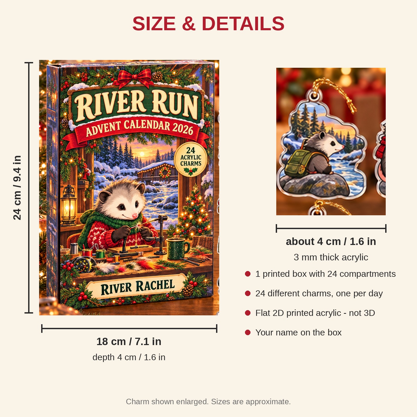 Personalized Fly Fishing Opossum advent calendar box with 24 flat acrylic Christmas charms: box and charm sizes