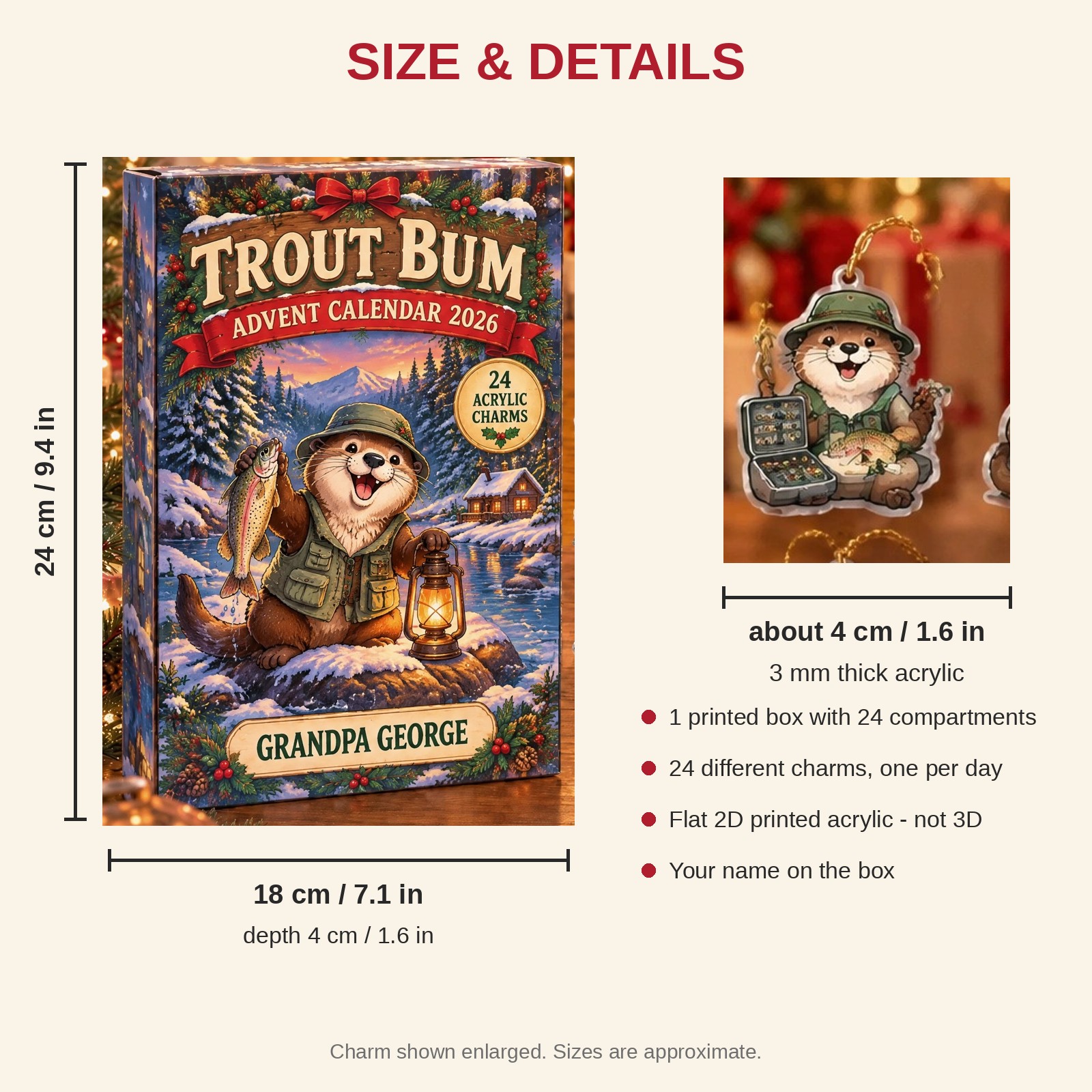Personalized Fly Fishing Otter advent calendar box with 24 flat acrylic Christmas charms: box and charm sizes