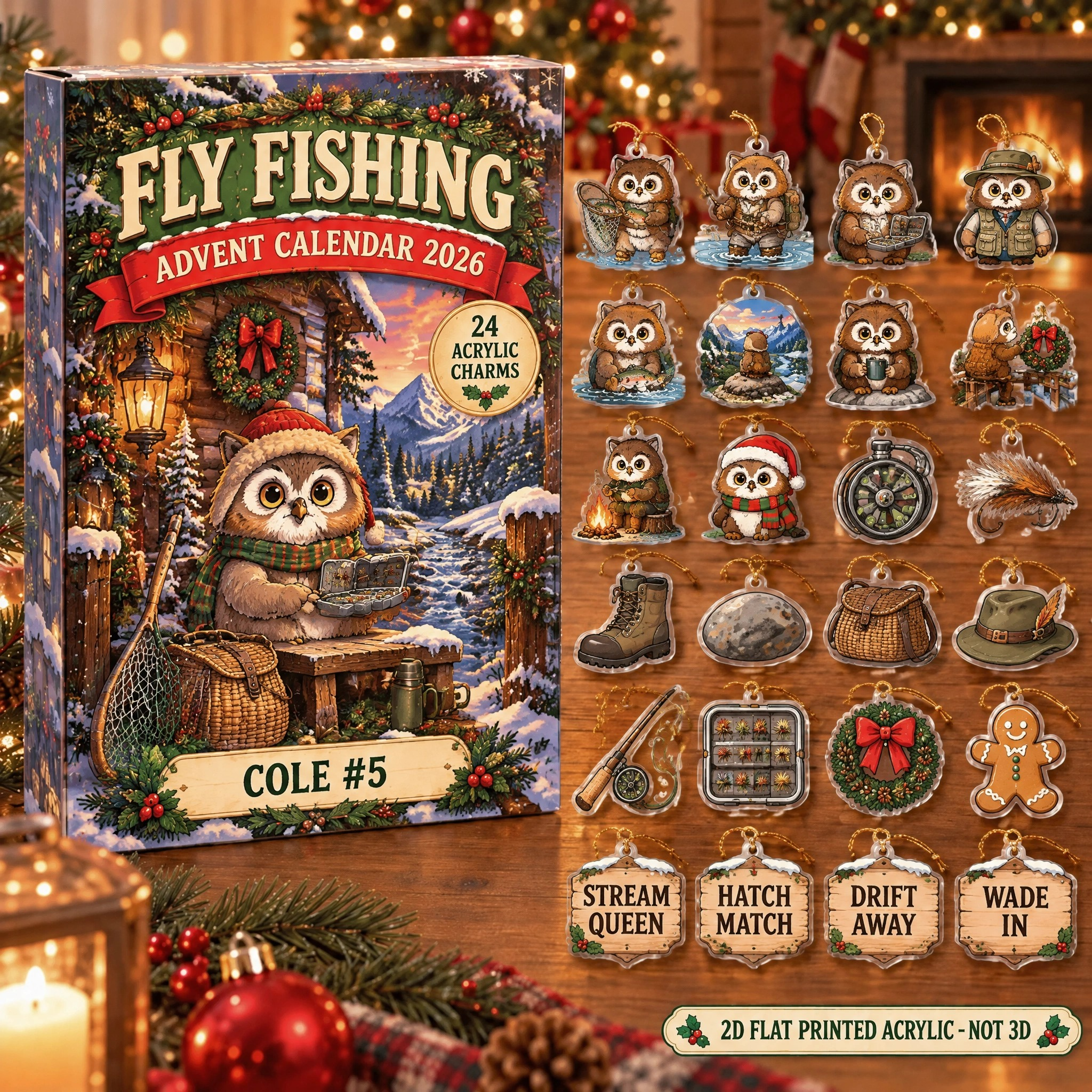 Personalized Fly Fishing Owl advent calendar box with 24 flat acrylic Christmas charms