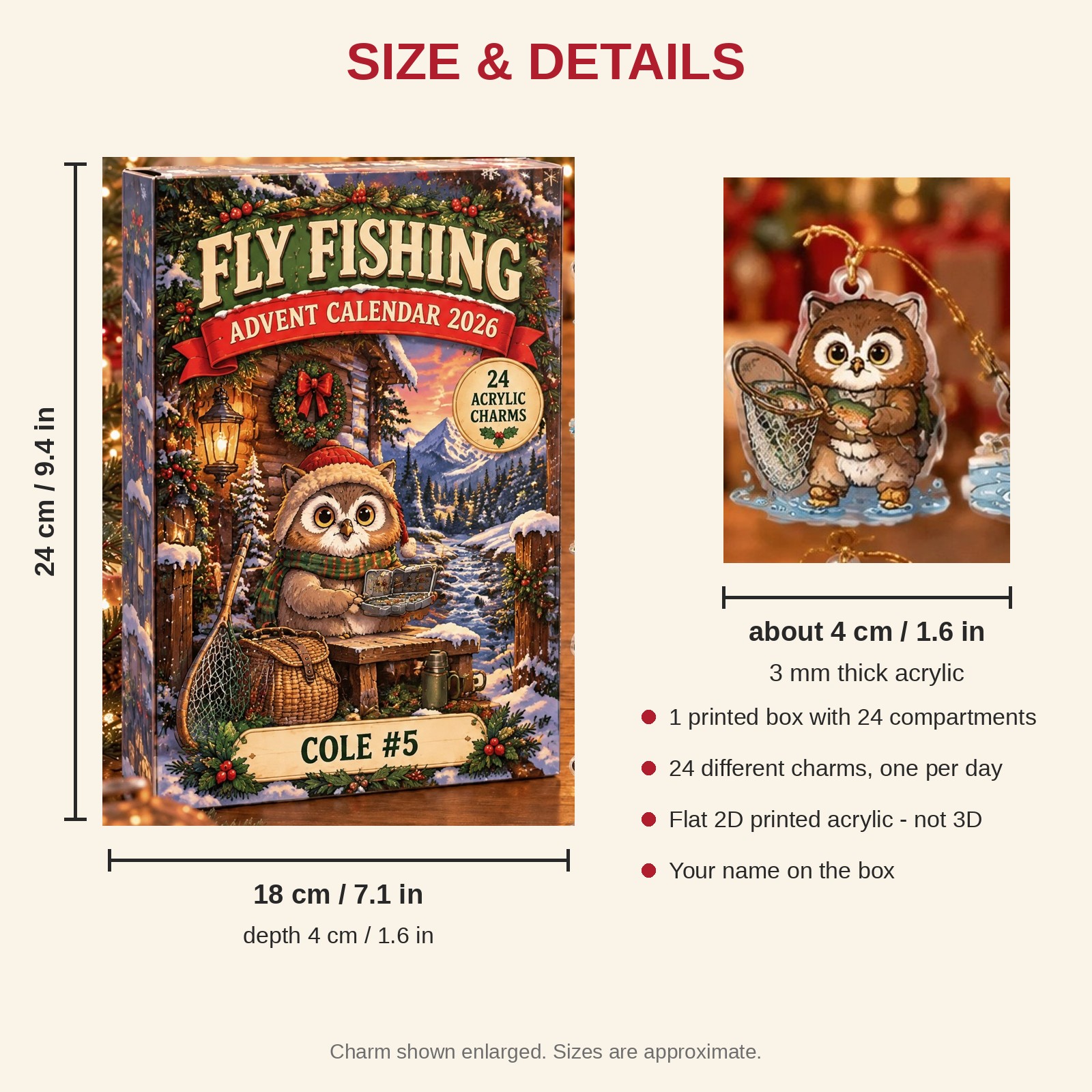 Personalized Fly Fishing Owl advent calendar box with 24 flat acrylic Christmas charms: box and charm sizes
