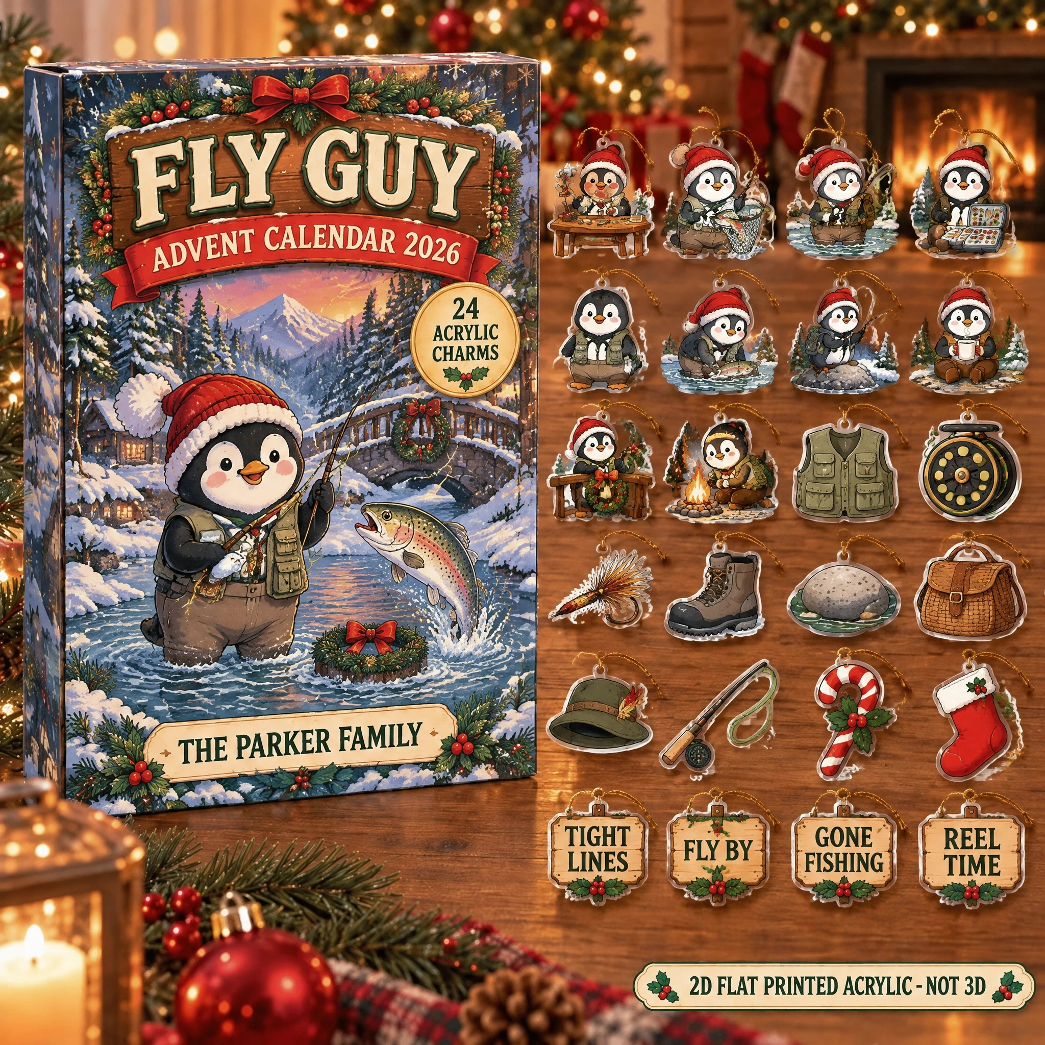 Personalized Fly Fishing Penguin advent calendar box with 24 flat acrylic Christmas charms