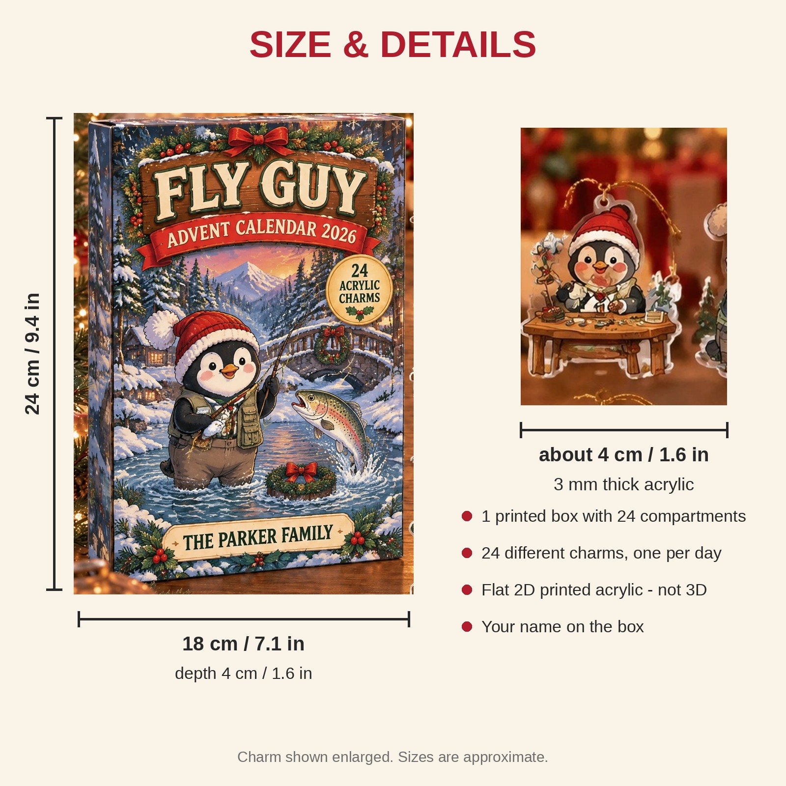 Personalized Fly Fishing Penguin advent calendar box with 24 flat acrylic Christmas charms: box and charm sizes