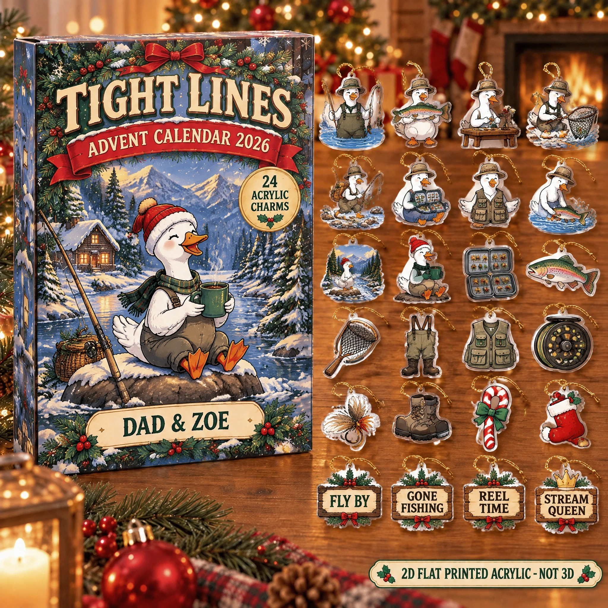 Personalized Fly Fishing Silly Goose advent calendar box with 24 flat acrylic Christmas charms
