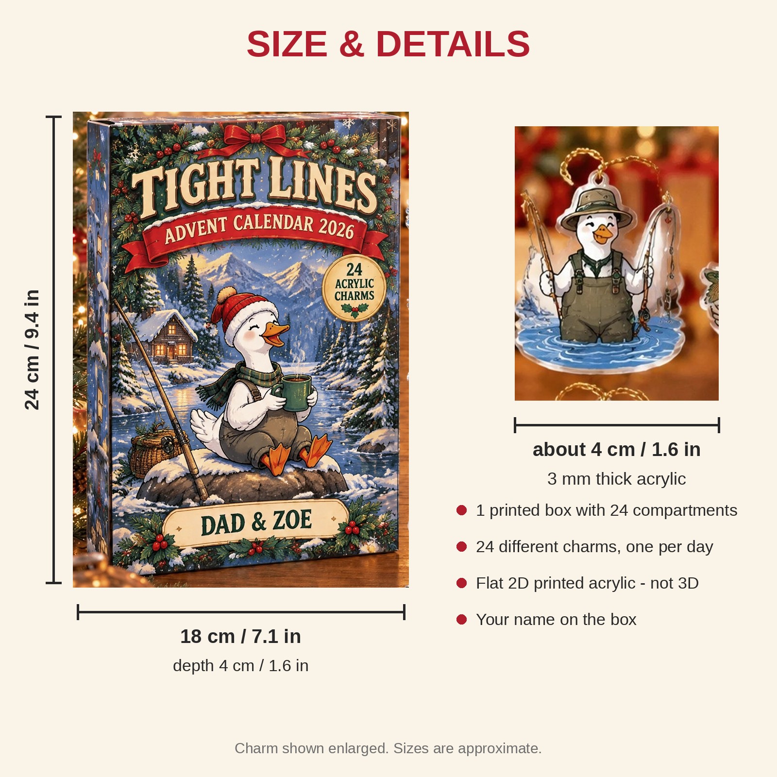 Personalized Fly Fishing Silly Goose advent calendar box with 24 flat acrylic Christmas charms: box and charm sizes