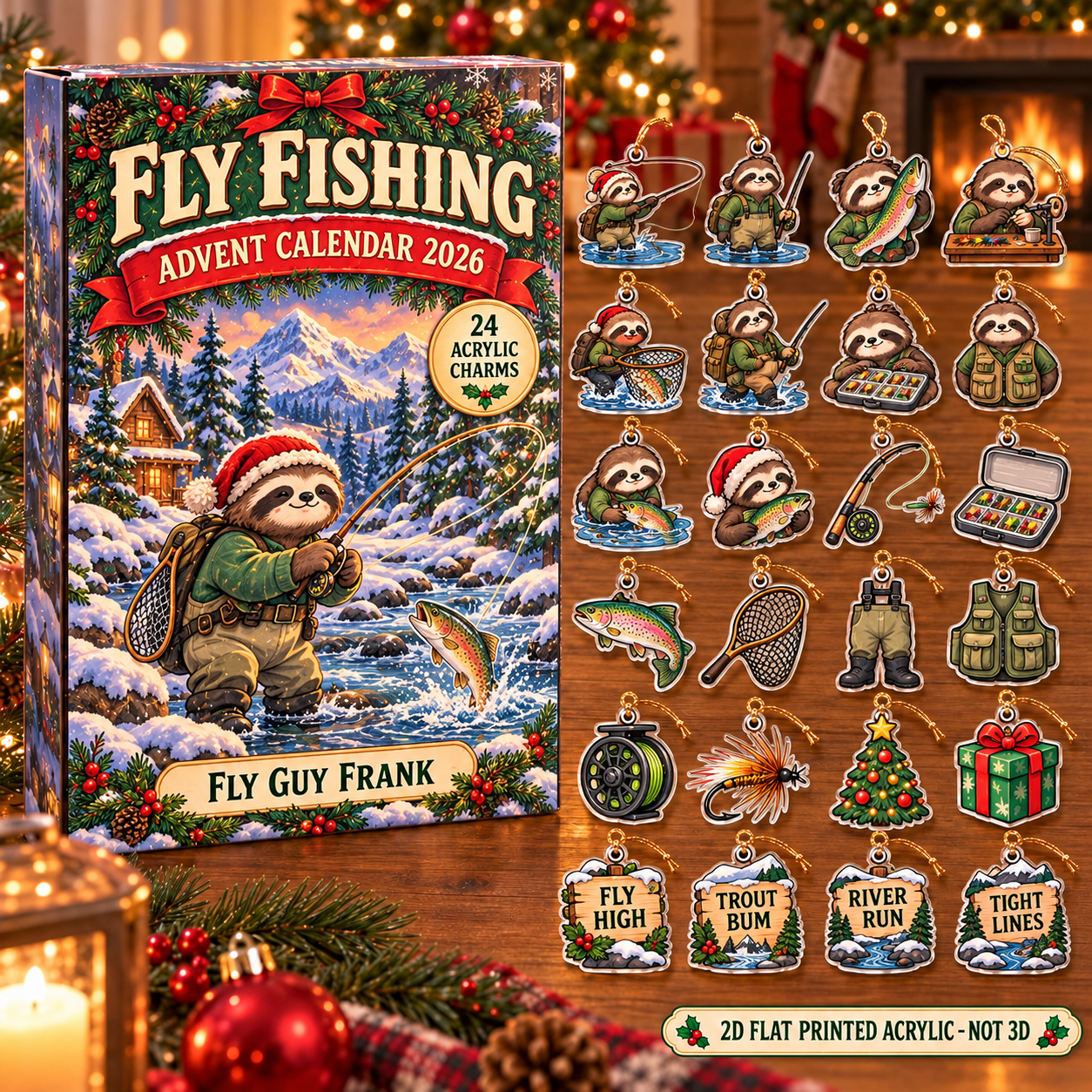 Personalized Fly Fishing Sloth advent calendar box with 24 flat acrylic Christmas charms
