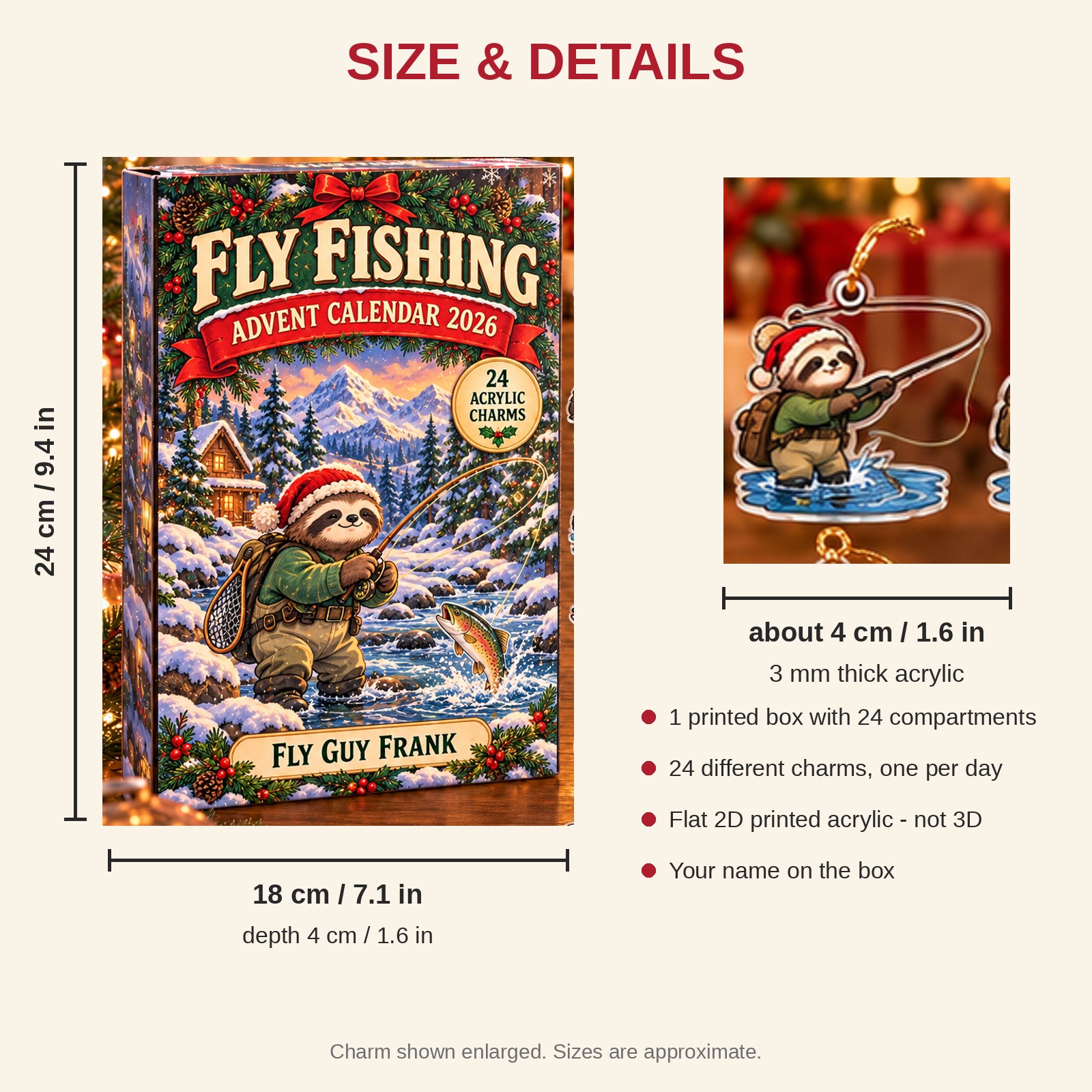 Personalized Fly Fishing Sloth advent calendar box with 24 flat acrylic Christmas charms: box and charm sizes