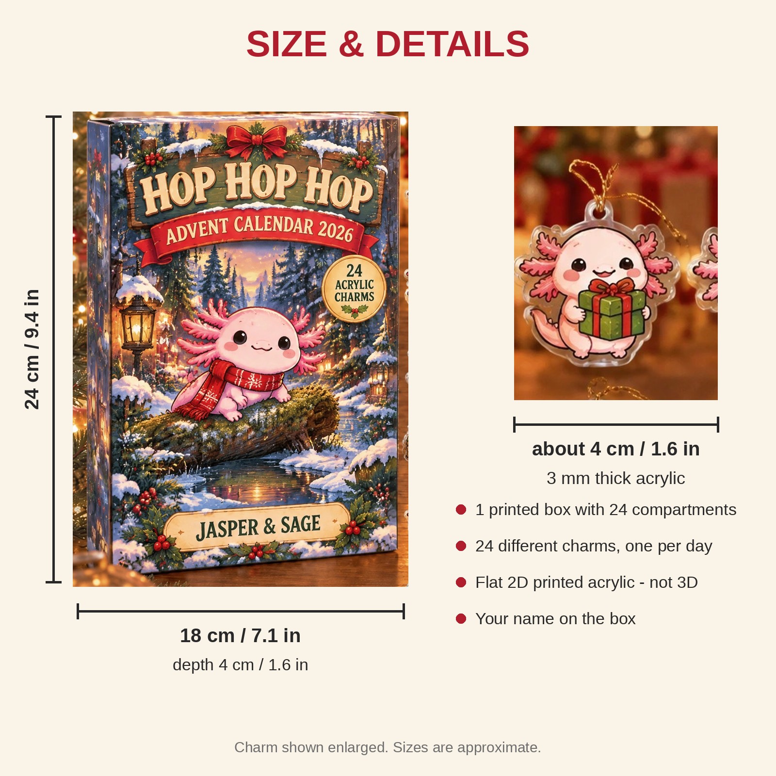 Personalized Axolotl Lover advent calendar box with 24 flat acrylic Christmas charms: box and charm sizes