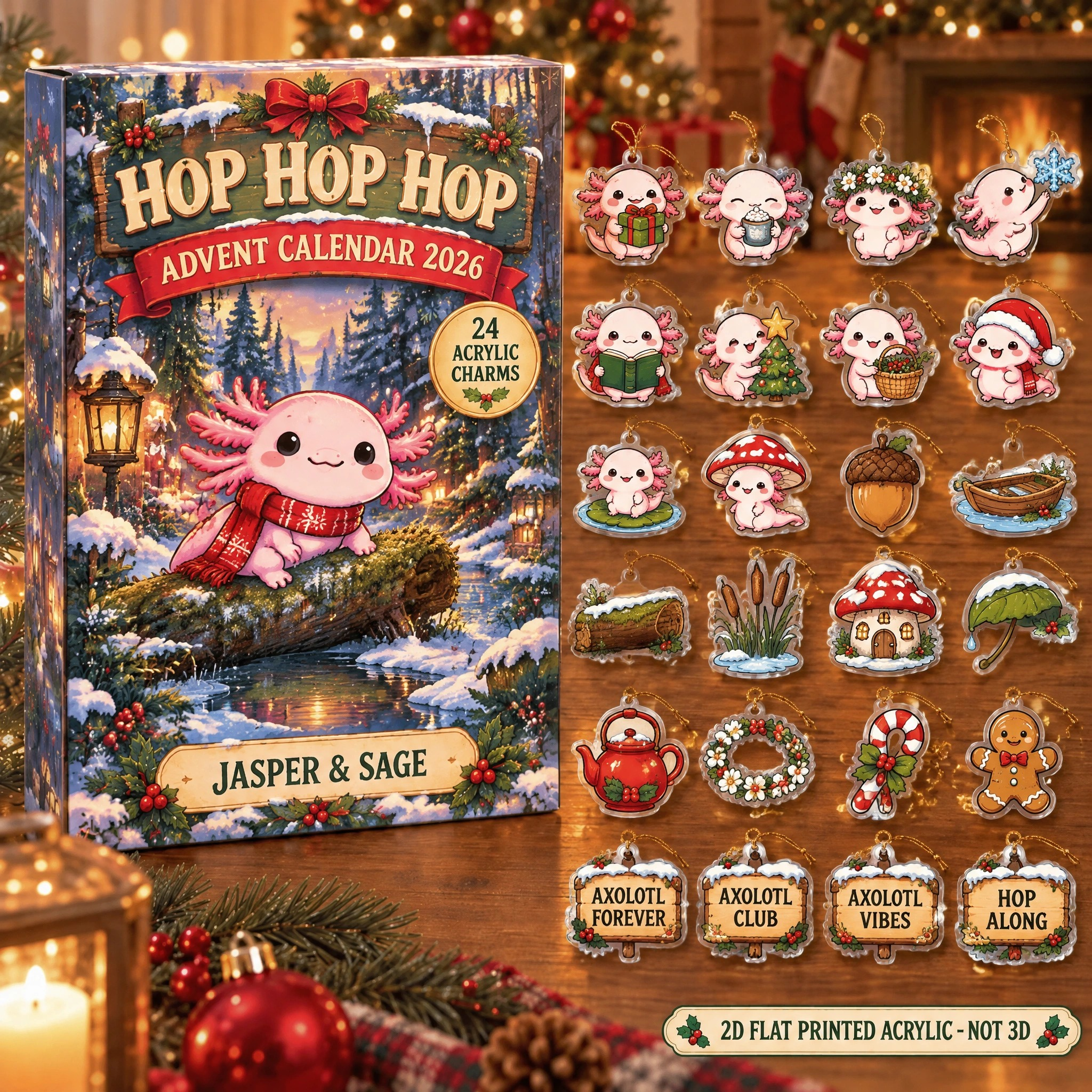 Personalized Axolotl Lover advent calendar box with 24 flat acrylic Christmas charms