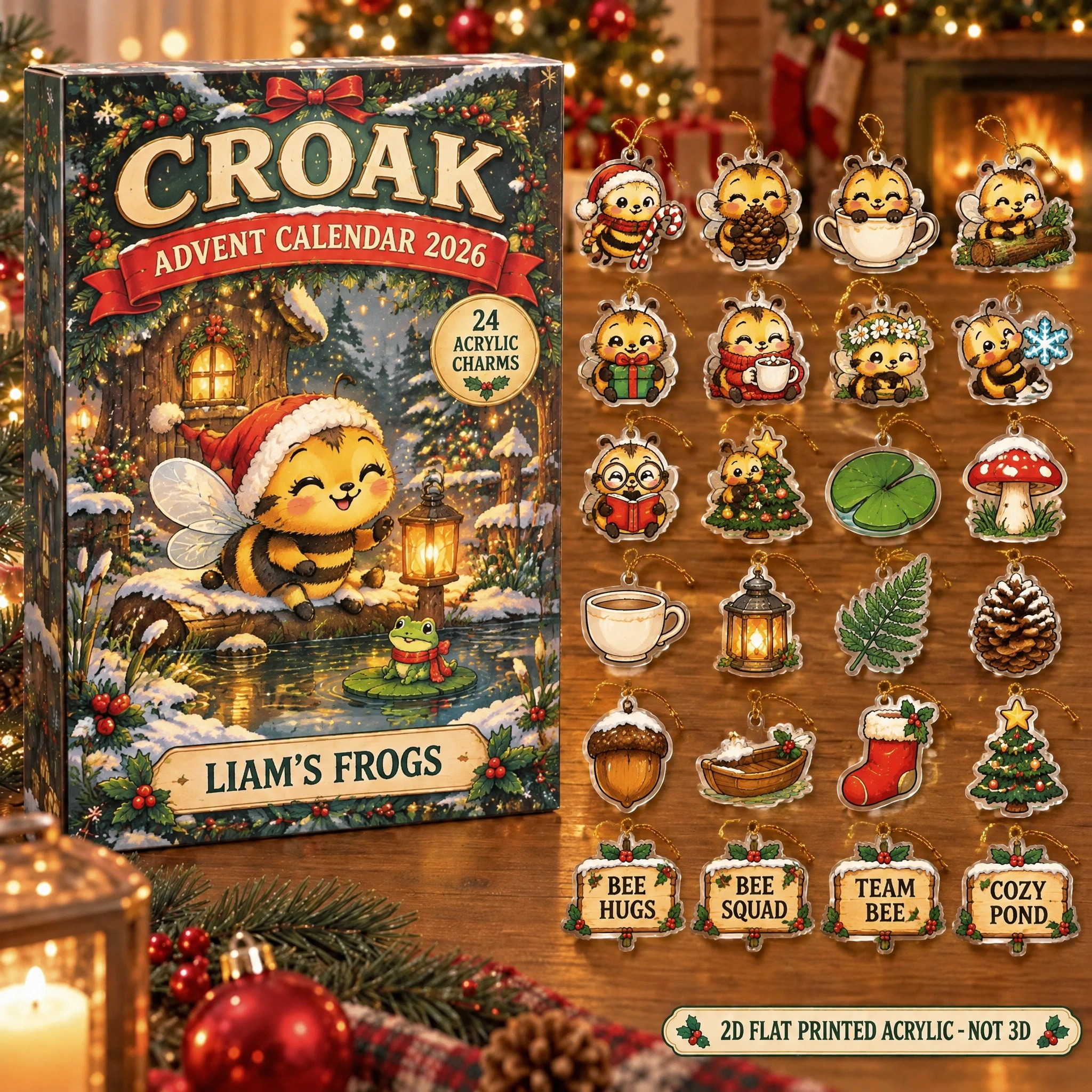 Personalized Bee Lover advent calendar box with 24 flat acrylic Christmas charms