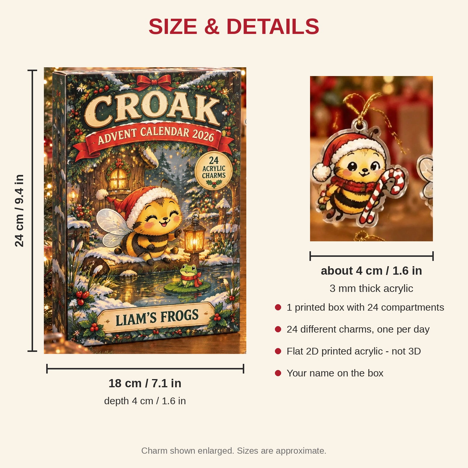Personalized Bee Lover advent calendar box with 24 flat acrylic Christmas charms: box and charm sizes