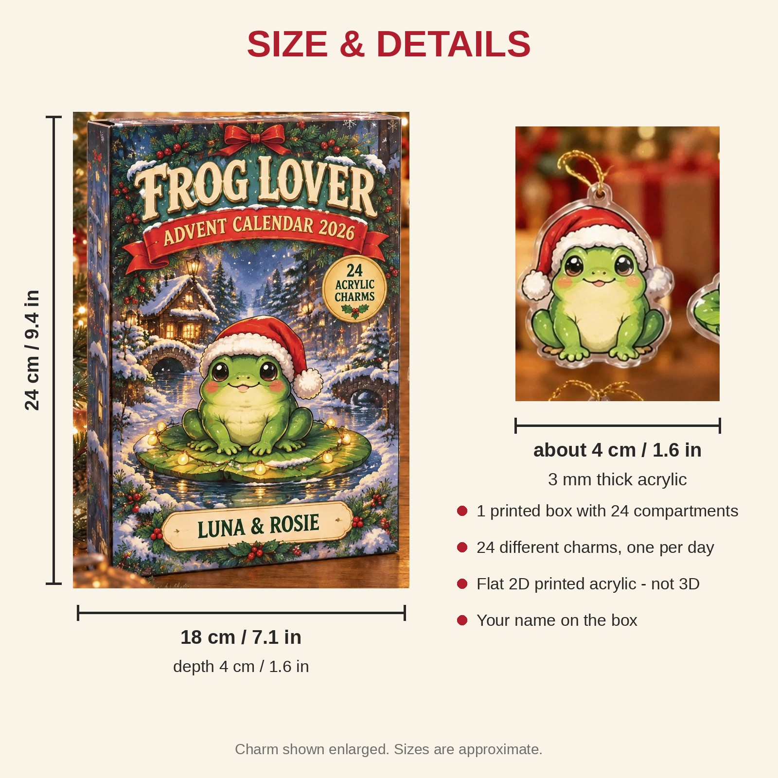 Personalized Frog Lover advent calendar box with 24 flat acrylic Christmas charms: box and charm sizes