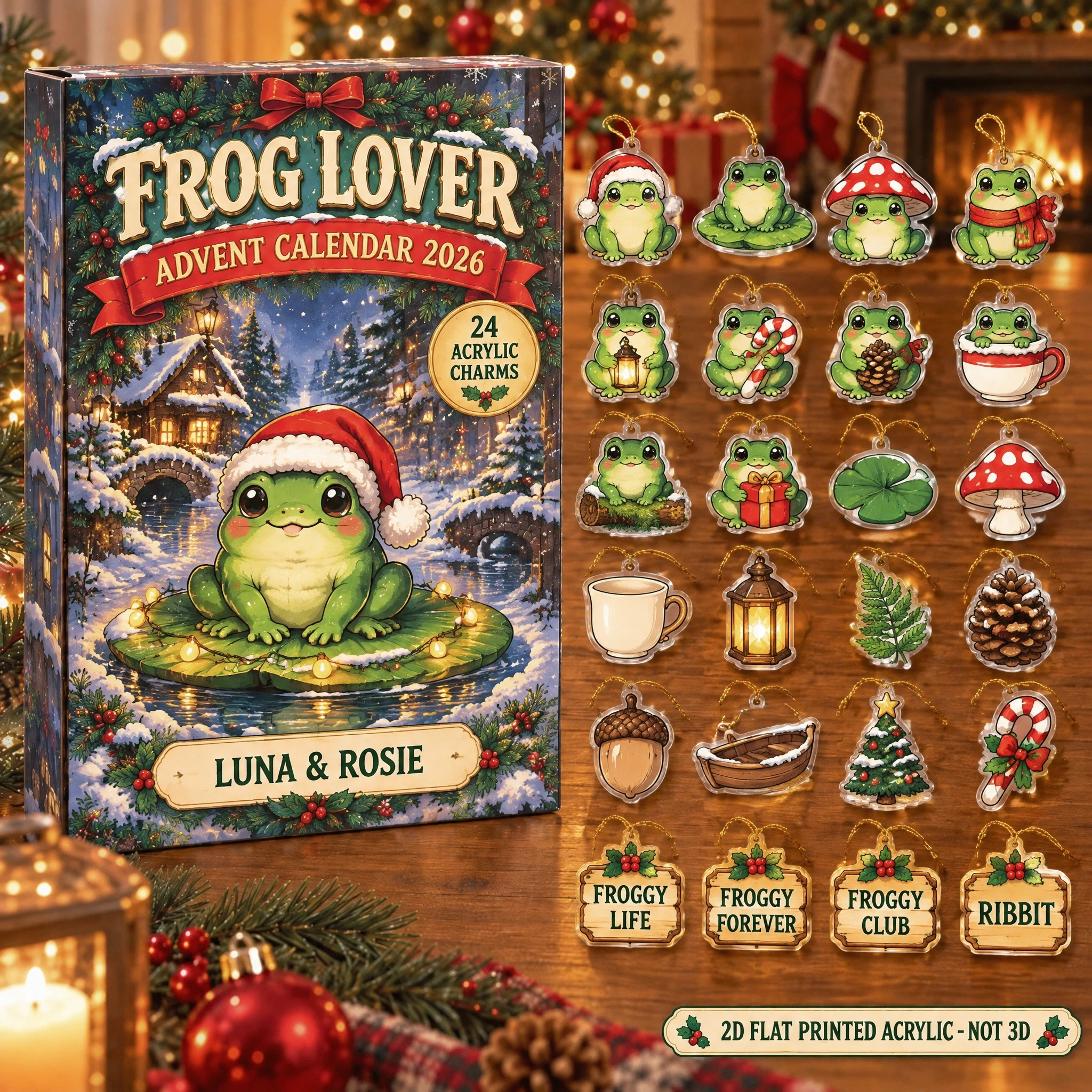 Personalized Frog Lover advent calendar box with 24 flat acrylic Christmas charms