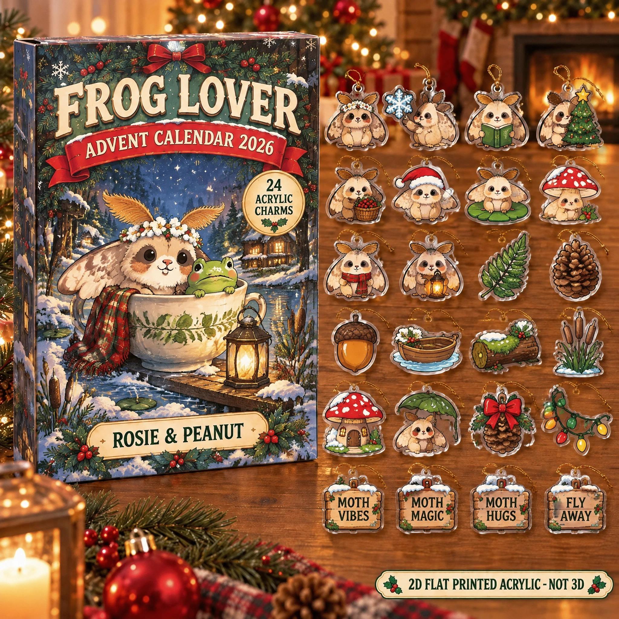 Personalized Moth Lover advent calendar box with 24 flat acrylic Christmas charms