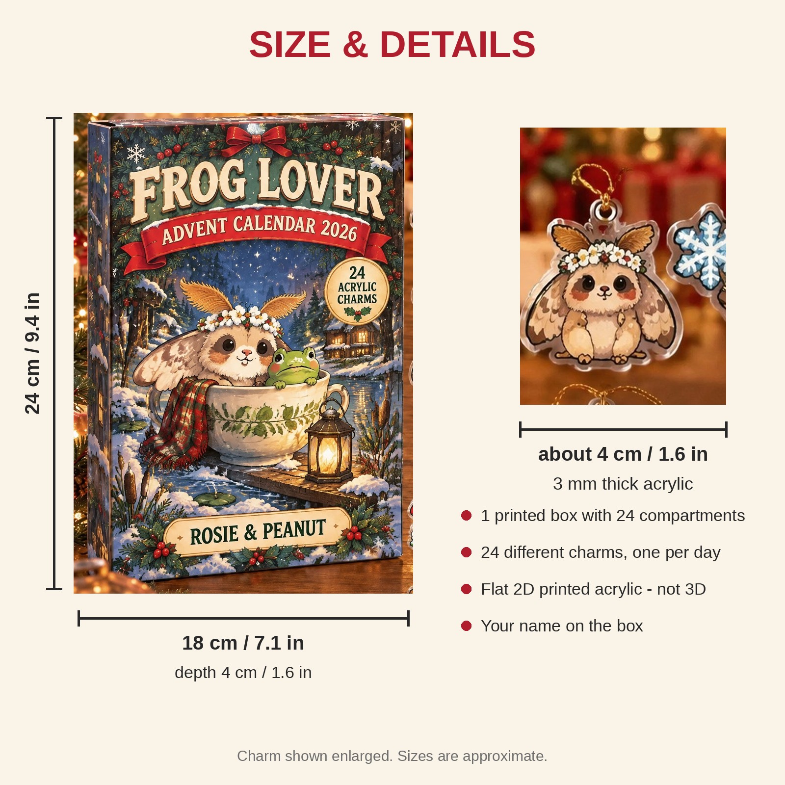 Personalized Moth Lover advent calendar box with 24 flat acrylic Christmas charms: box and charm sizes