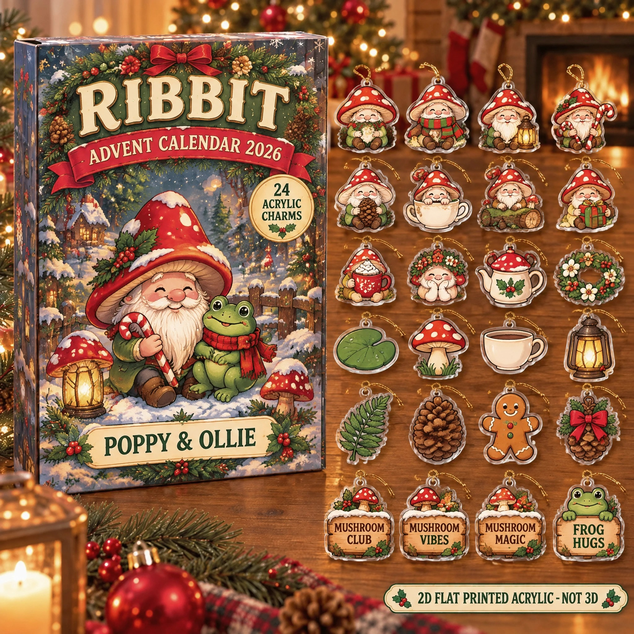 Personalized Mushroom Gnome Lover advent calendar box with 24 flat acrylic Christmas charms