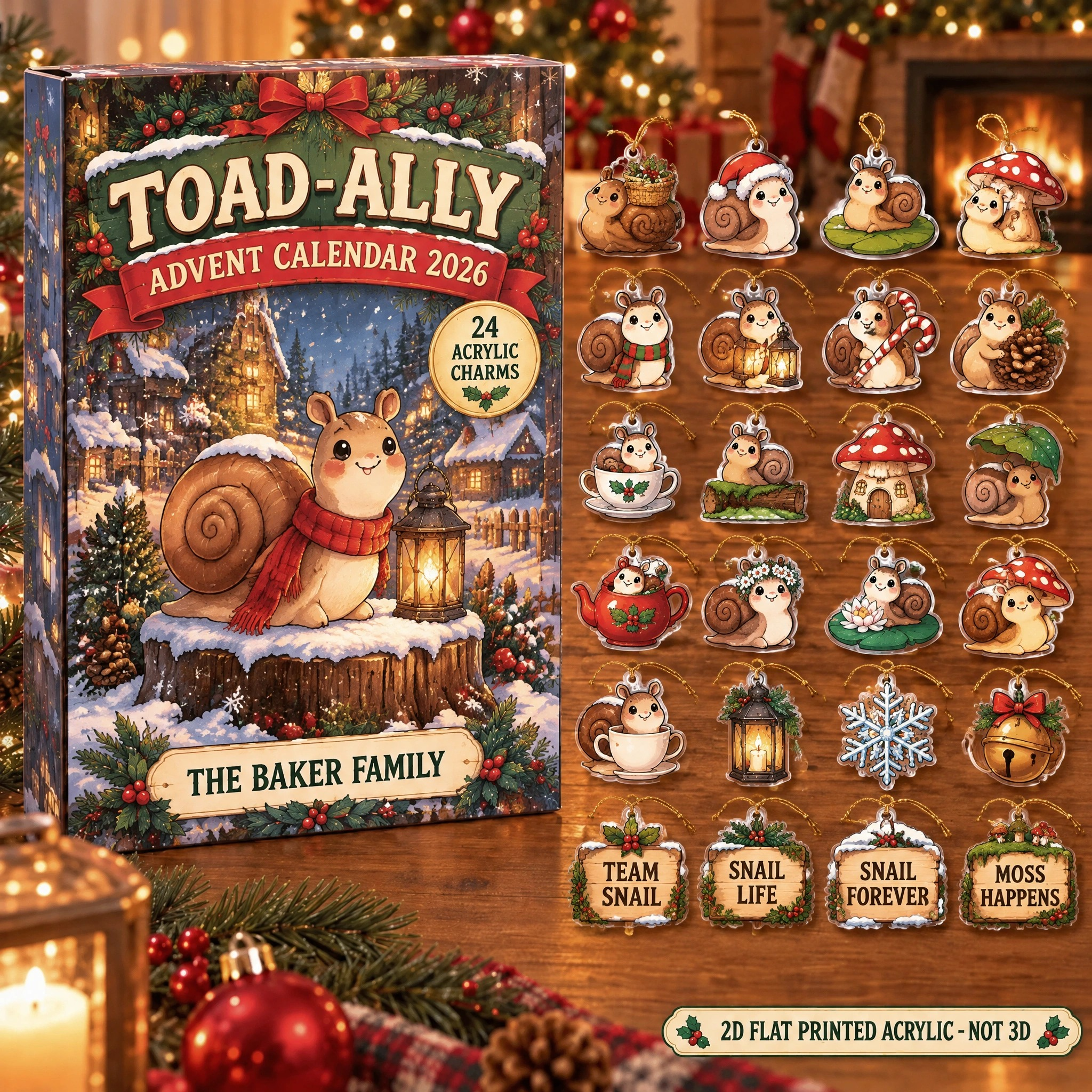Personalized Snail Lover advent calendar box with 24 flat acrylic Christmas charms