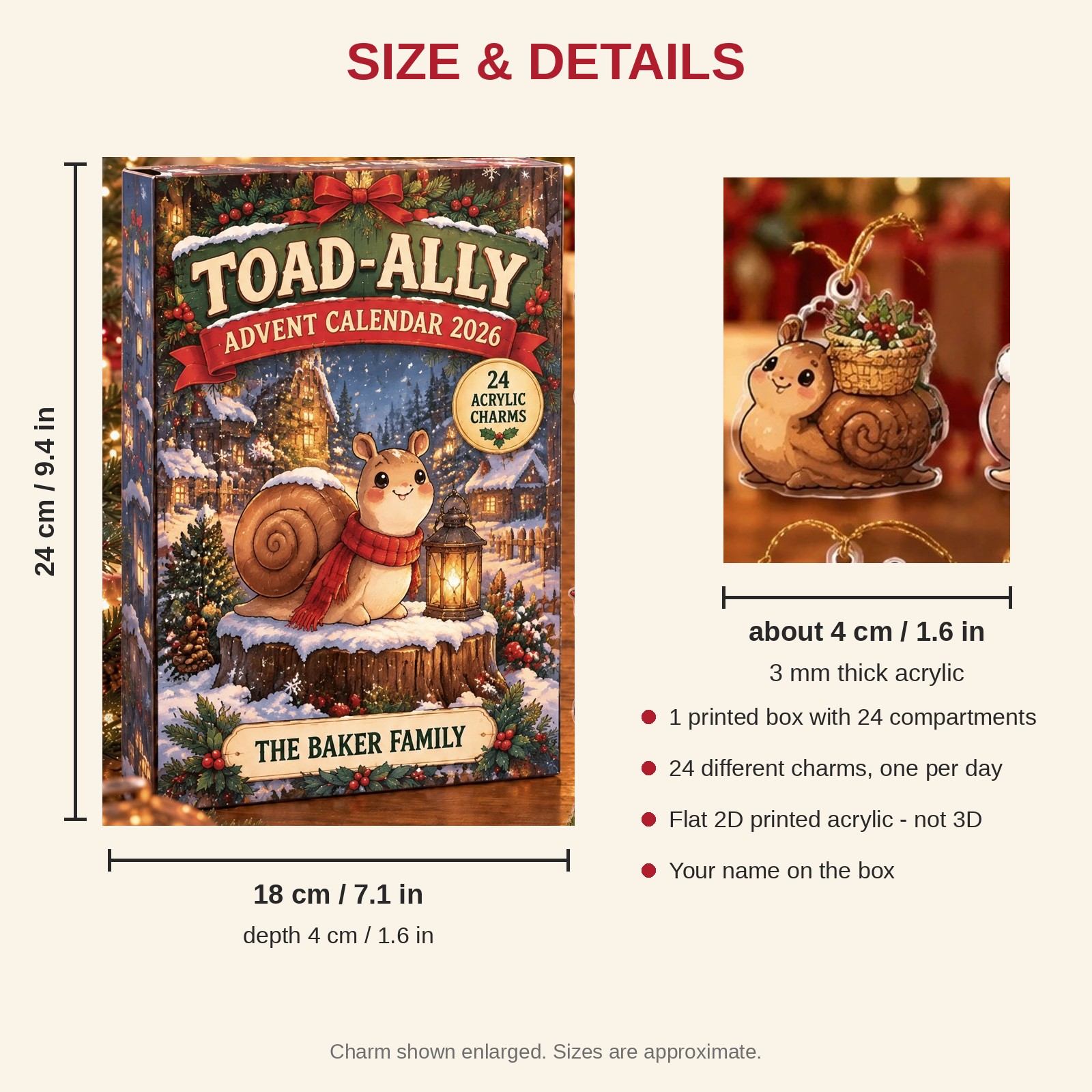 Personalized Snail Lover advent calendar box with 24 flat acrylic Christmas charms: box and charm sizes