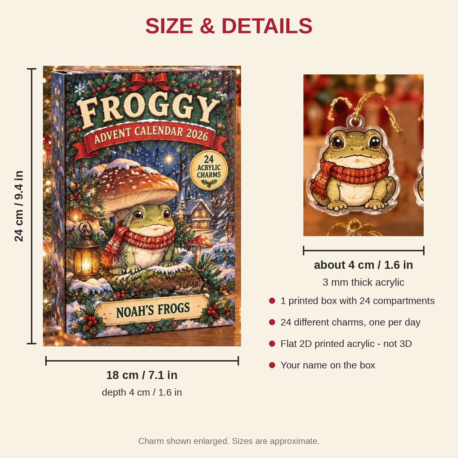 Personalized Toad Lover advent calendar box with 24 flat acrylic Christmas charms: box and charm sizes