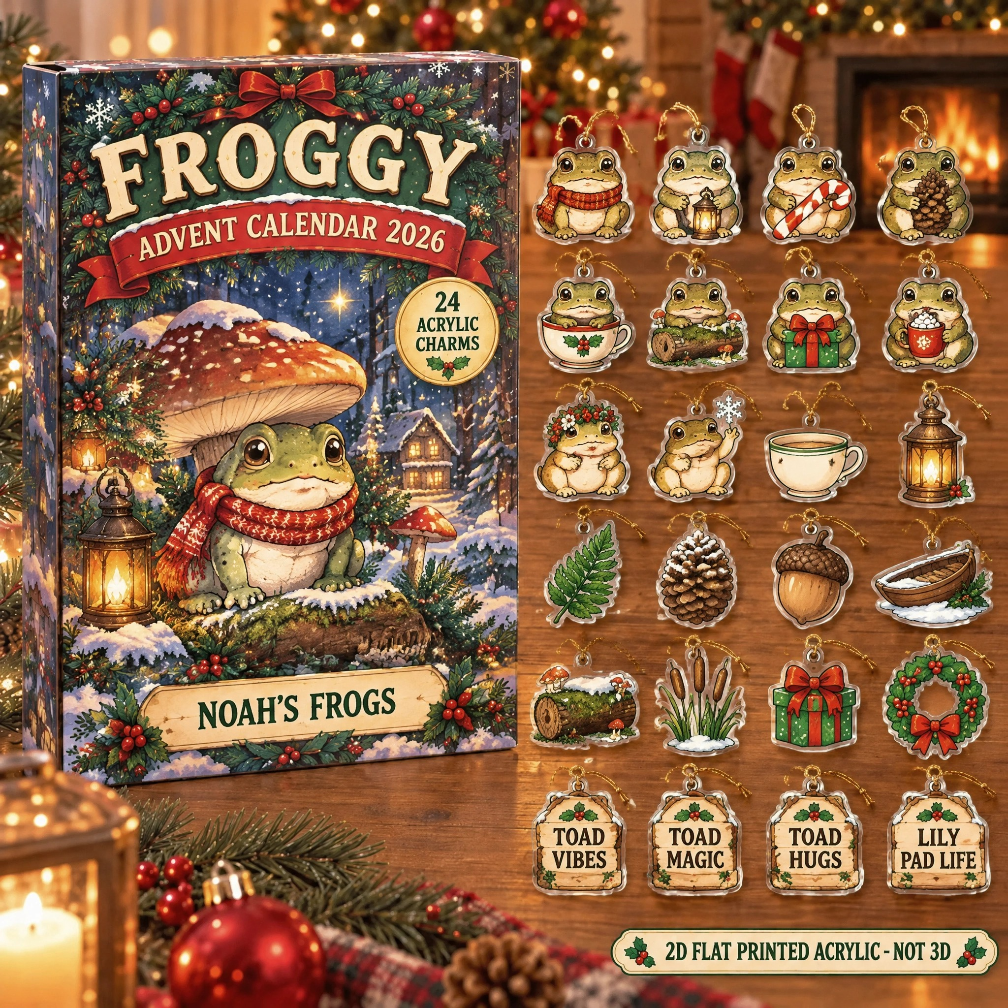 Personalized Toad Lover advent calendar box with 24 flat acrylic Christmas charms