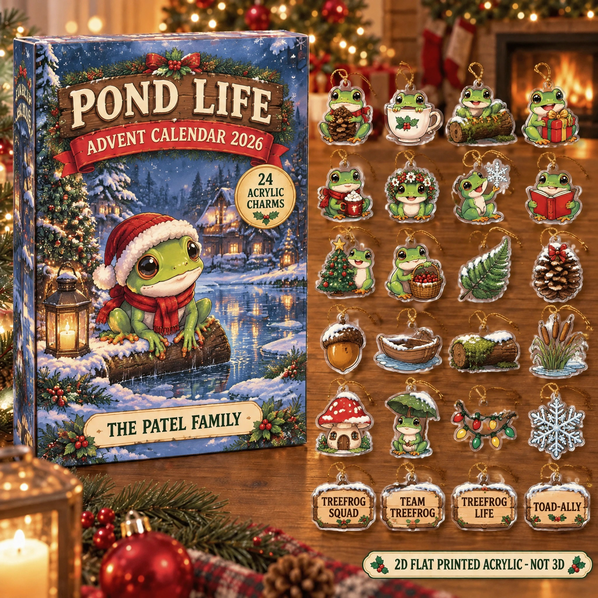 Personalized Tree Frog Lover advent calendar box with 24 flat acrylic Christmas charms