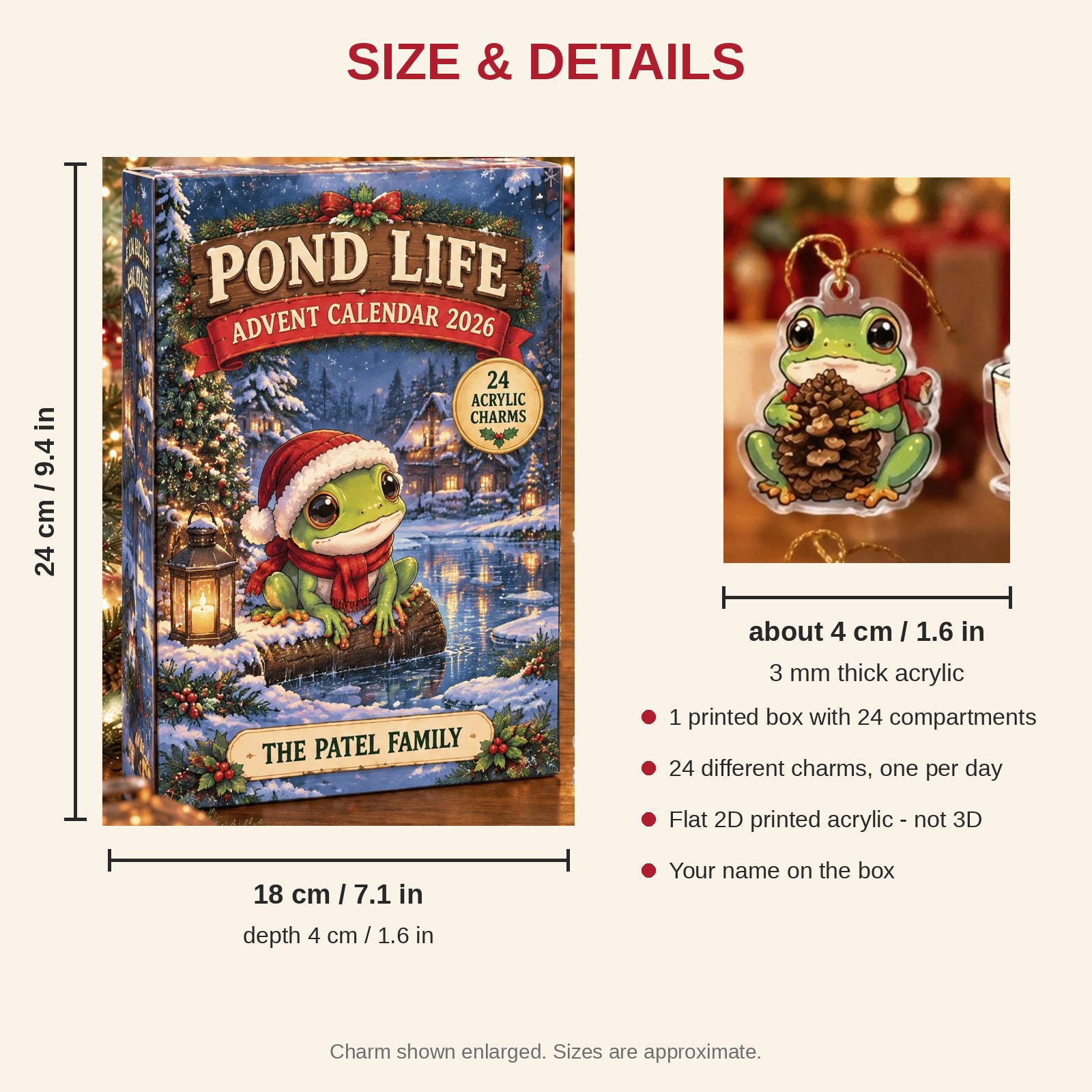 Personalized Tree Frog Lover advent calendar box with 24 flat acrylic Christmas charms: box and charm sizes