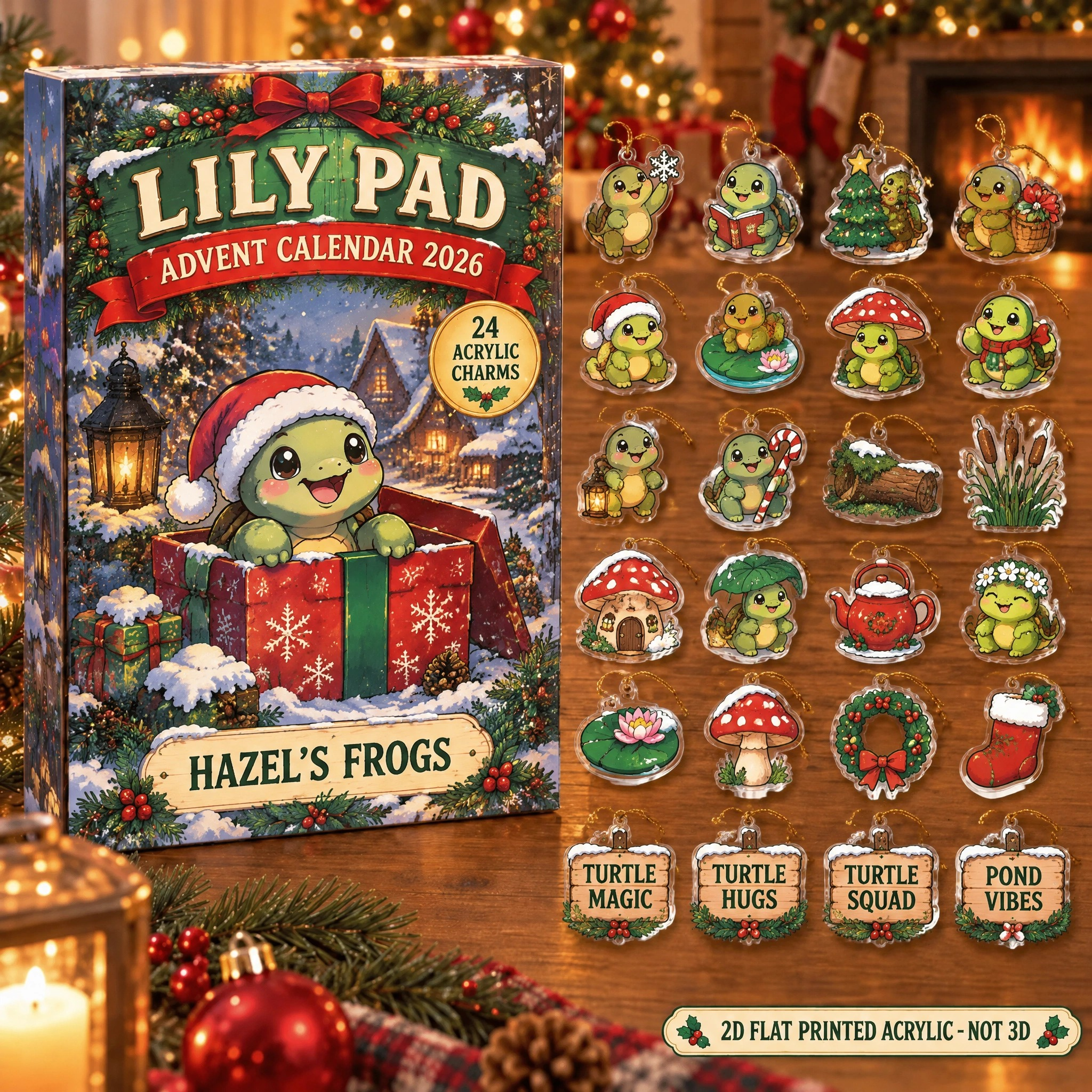 Personalized Turtle Lover advent calendar box with 24 flat acrylic Christmas charms