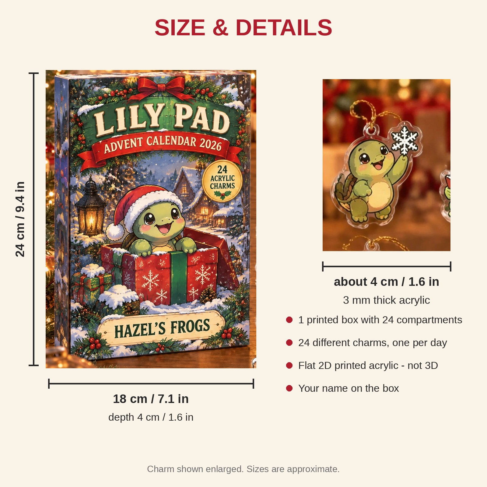 Personalized Turtle Lover advent calendar box with 24 flat acrylic Christmas charms: box and charm sizes