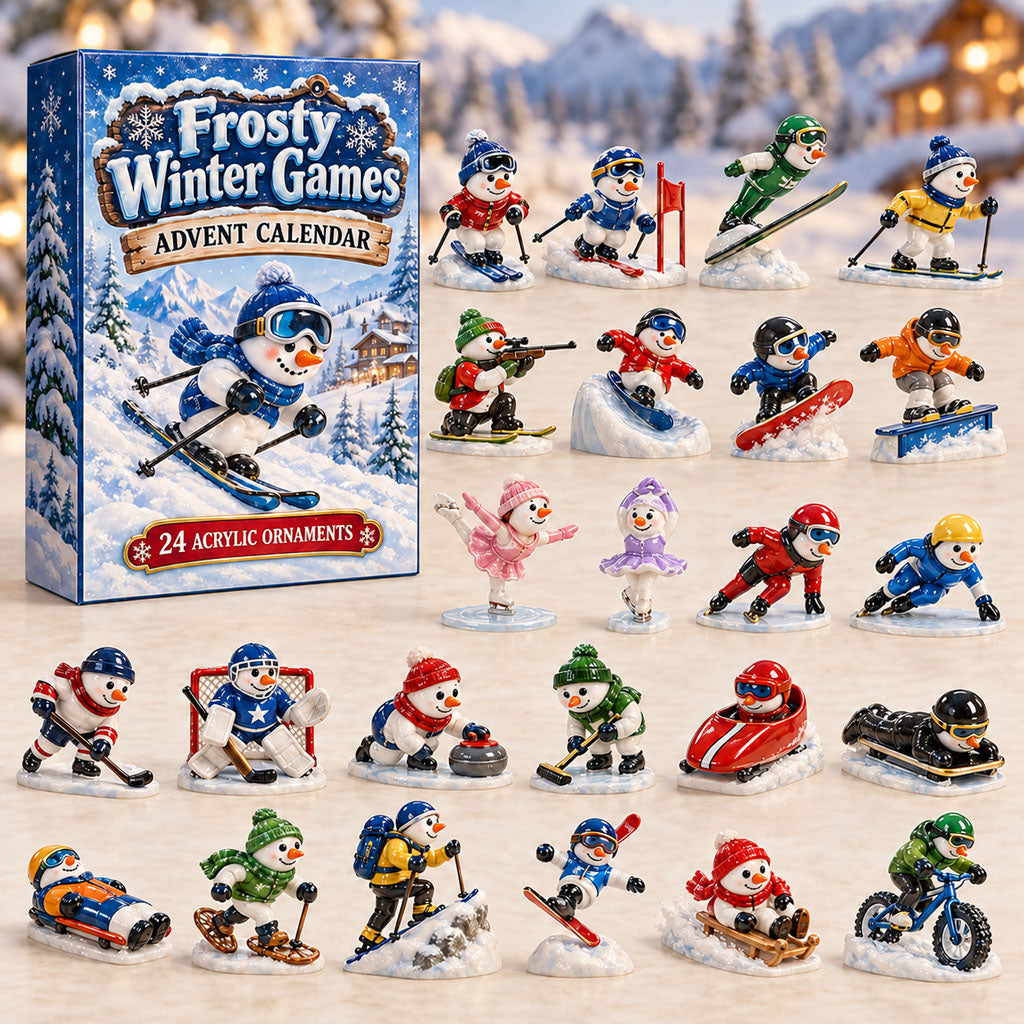 Frosty Winter Games advent calendar box with 24 acrylic Christmas charms